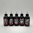 Vice greywash set of five black ink bottles with red and white skeleton labels and clear plastic caps for printing