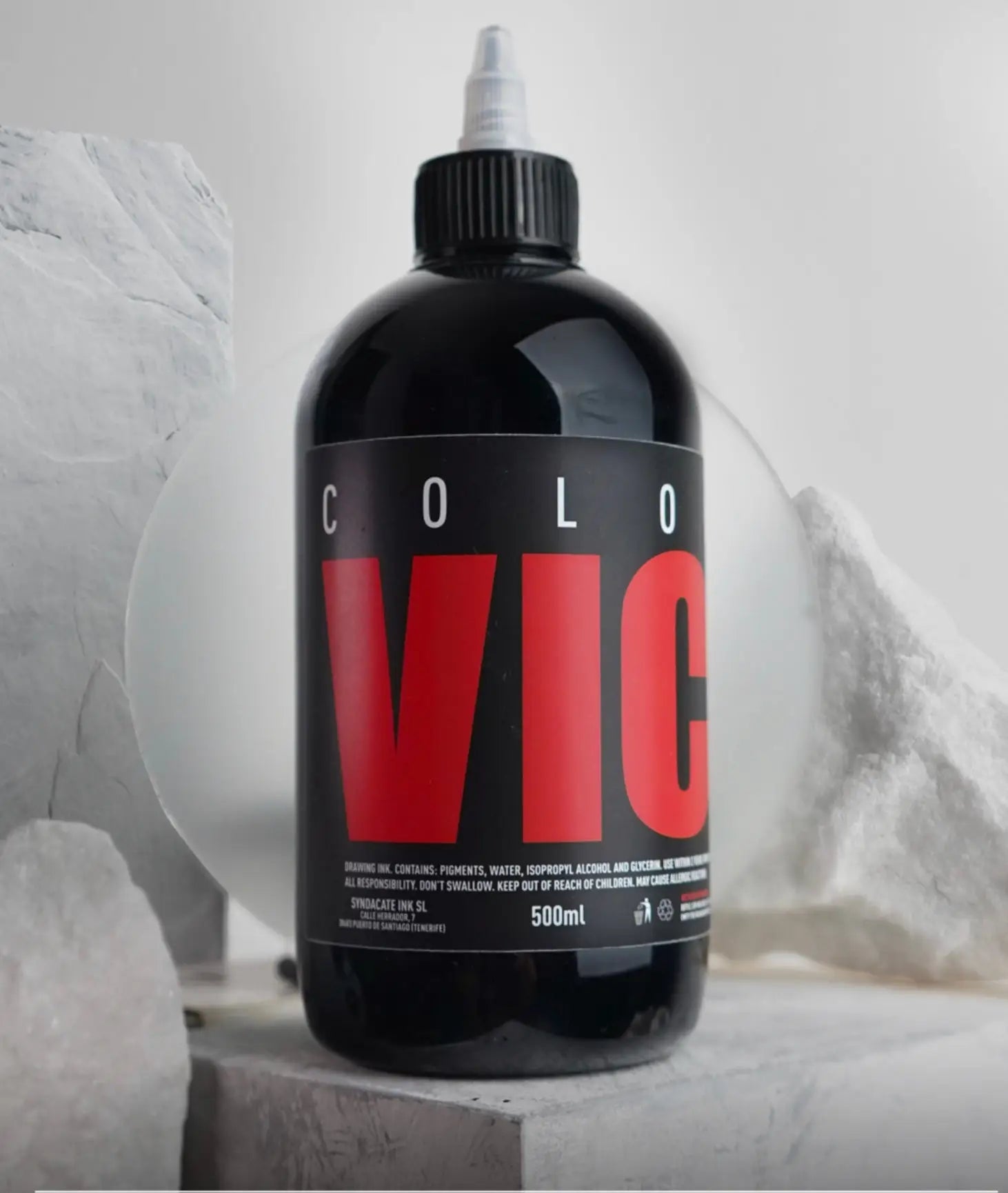 Black plastic 500ml ink bottle with white cap and bold red lettering labeled vice vicious black