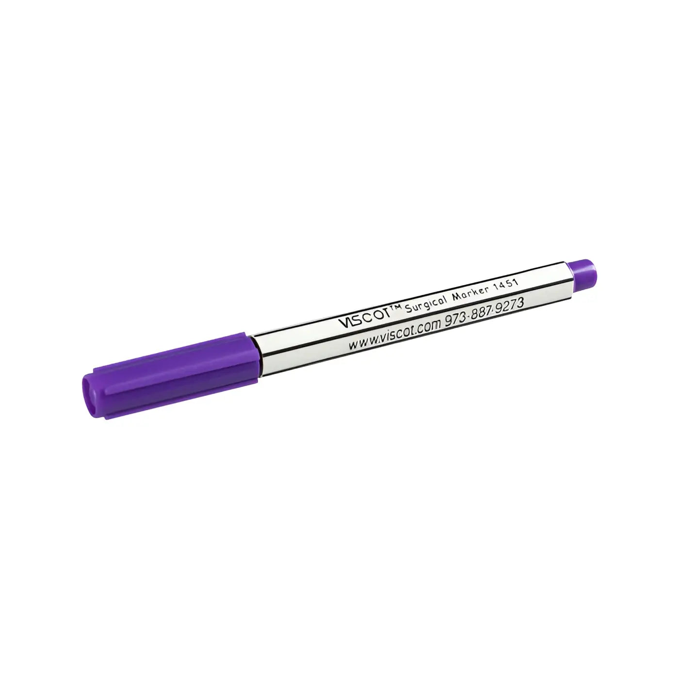 Purple-capped viscot sterile surgical skin marker with metallic silver body and black printed text for precise marking