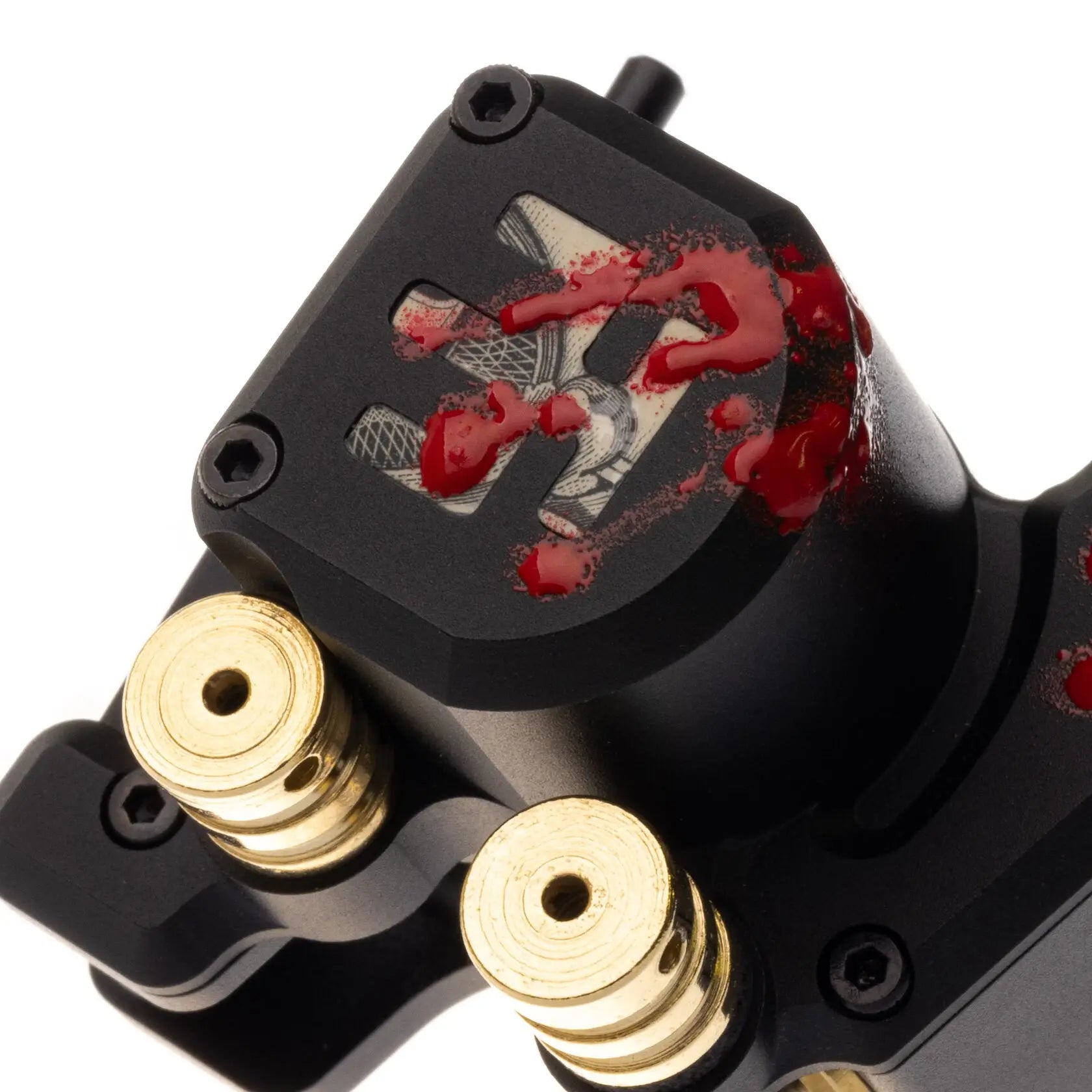 Schwarze Tattoo-Maschine VLAD BLAD Avenger 2 Pro mit goldenen Metallkomponenten und rotem Blood-Money-Spritzerdesign