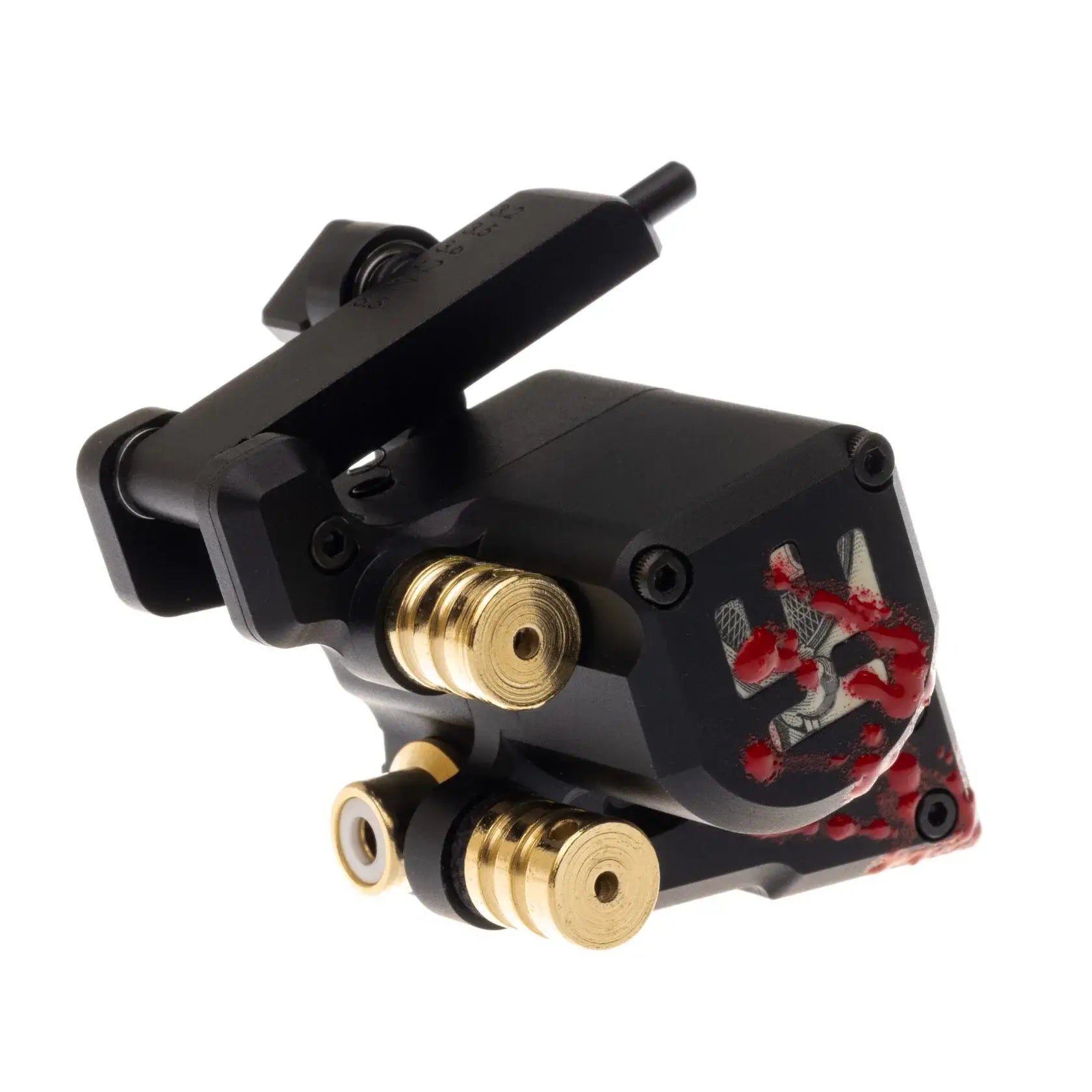 Schwarze Tätowiermaschine VLAD BLAD Avenger 2 Pro mit goldenen metallischen Beschlägen und rotem Blood-Money-Splatter-Design