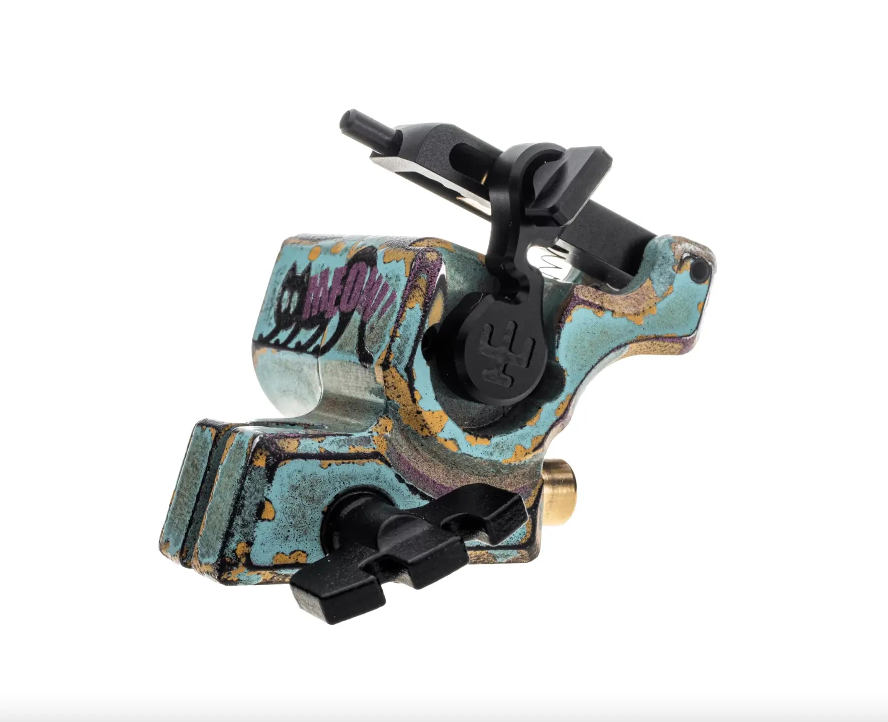 Eine türkis-goldene, used Tattoo-Maschine mit schwarzen Akzenten vladen blad avenger 2 pro meow blau von shpigel