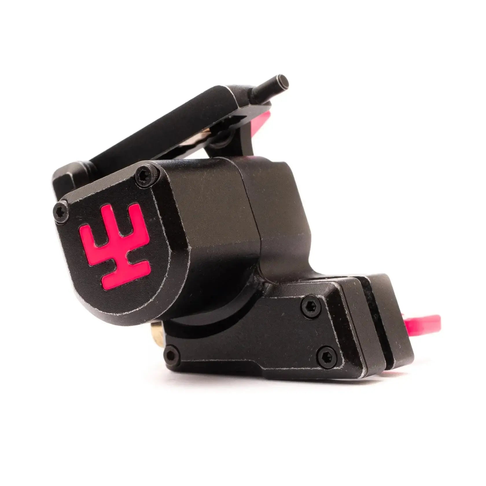 Schwarze VLAD BLAD Avenger 2 Pro Tattoo-Maschine mit auffälligem neonpinken Logo und passenden pinken Akzenten an der Seite