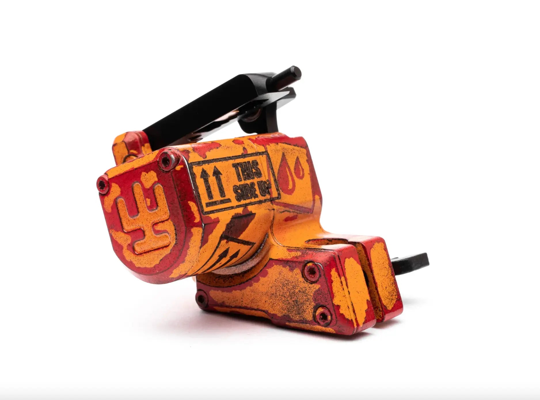 VLAD BLAD Avenger 2 Pro orange zerbrechliche Tätowiermaschine mit lebendigem orange-rotem Flammenmuster und schwarzen Akzenten