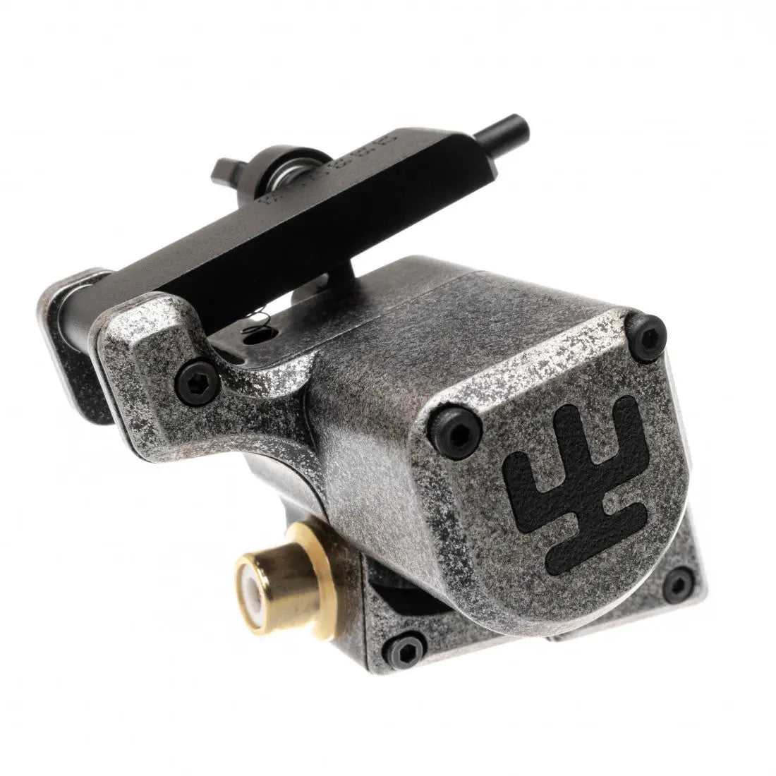 Tattoo-Maschine im Industrial-Stil VLAD BLAD Avenger 2 Pro mit mattem grauen Metallgehäuse, schwarzen Akzenten und goldener Messingfassung