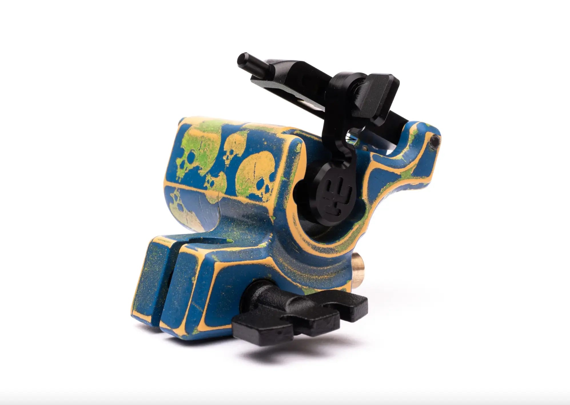 VLAD BLAD Avenger 2 Pro Skull Tattoo-Maschine in Dunkelblau und Gelb mit blau-gelbem Totenkopf-Design und schwarzen Akzenten