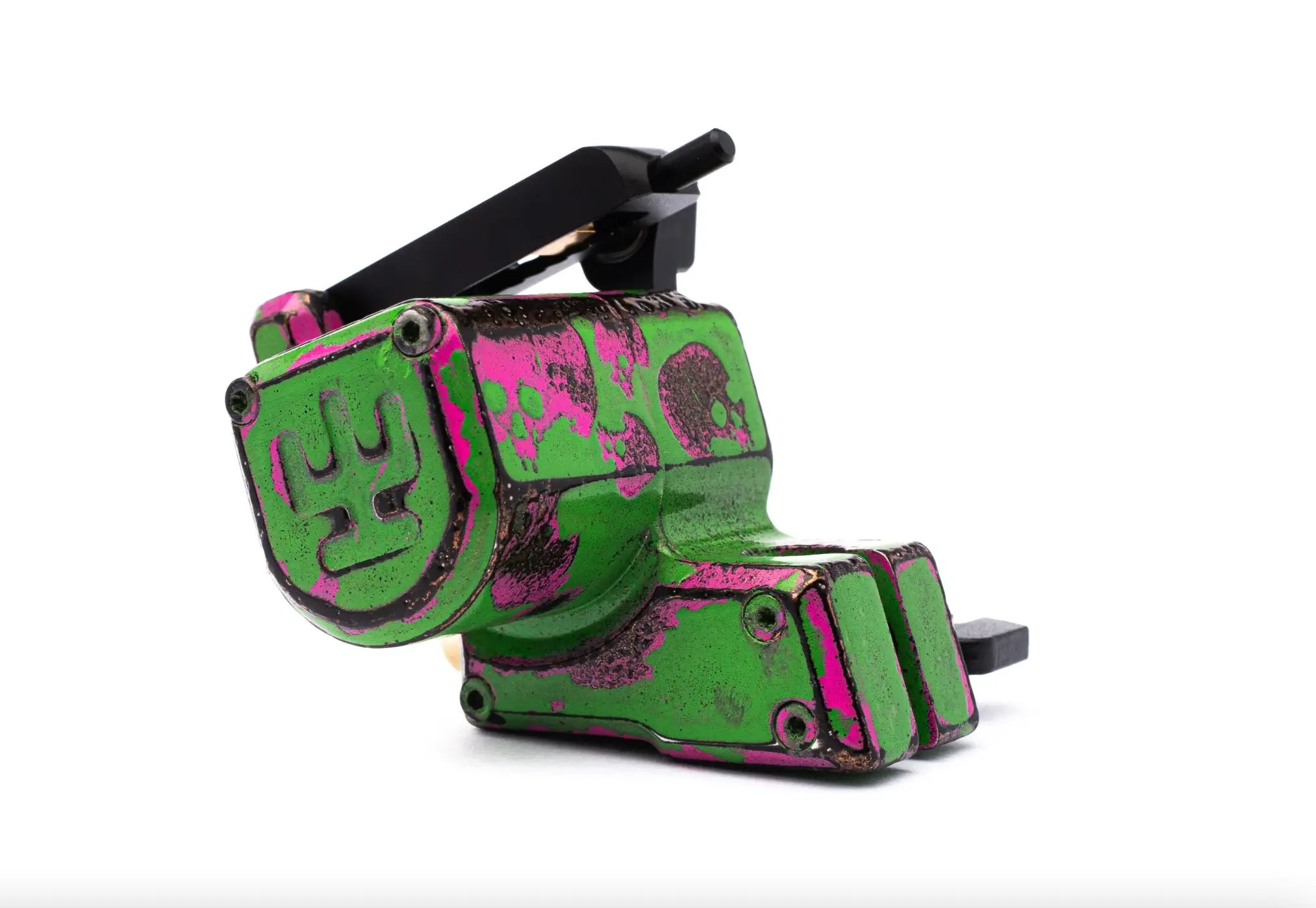 VLAD BLAD Avenger 2 Pro Skull Green Pink Tattoo-Maschine mit leuchtendem grün-pinkem Camouflage-Design und Totenkopfmotiven