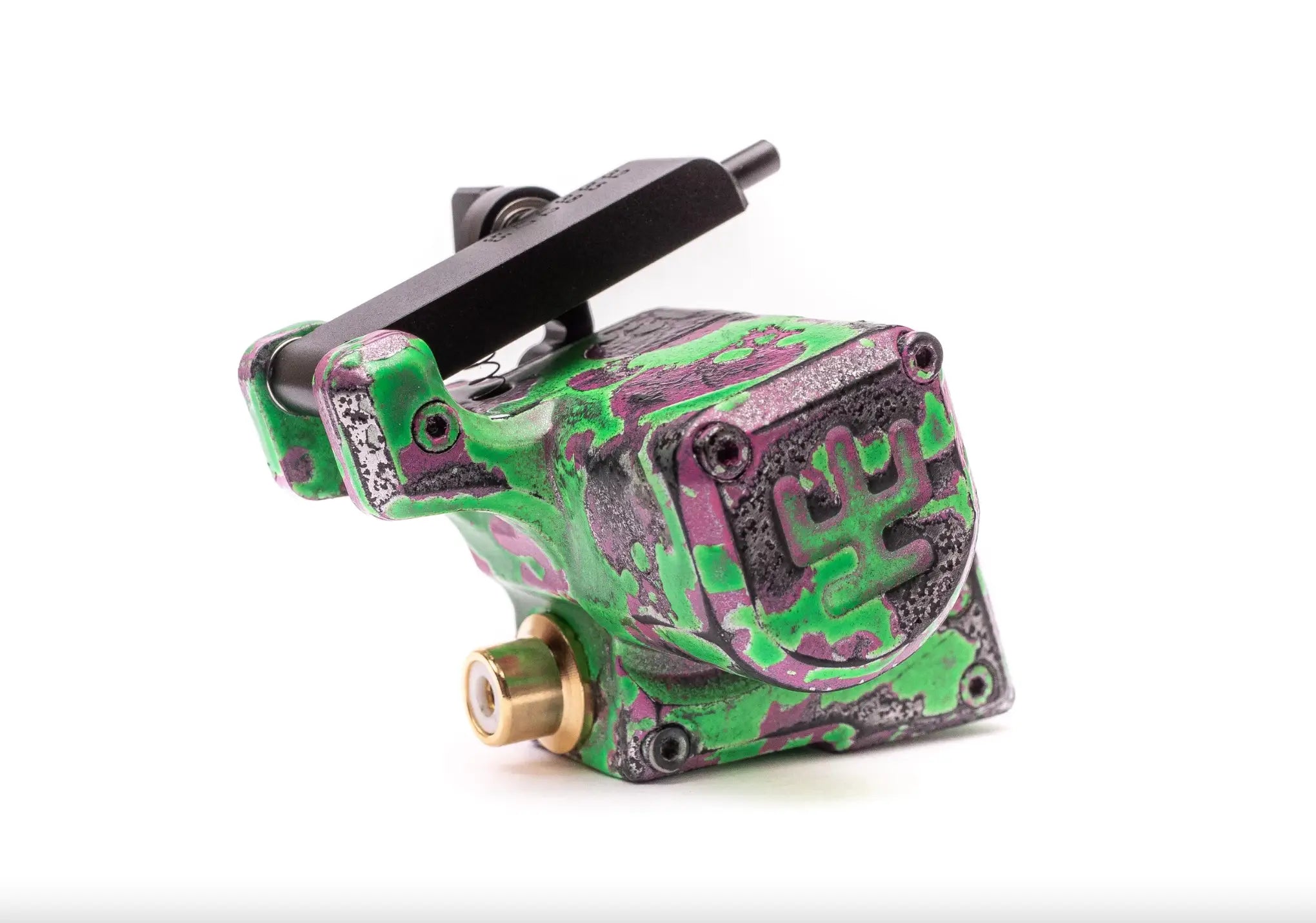 VLAD BLAD Avenger 2 Pro Skull Green Violet Tattoo-Maschine mit auffälligem grün-rosa Camouflage-Muster und schwarzen Kunststoffkomponenten