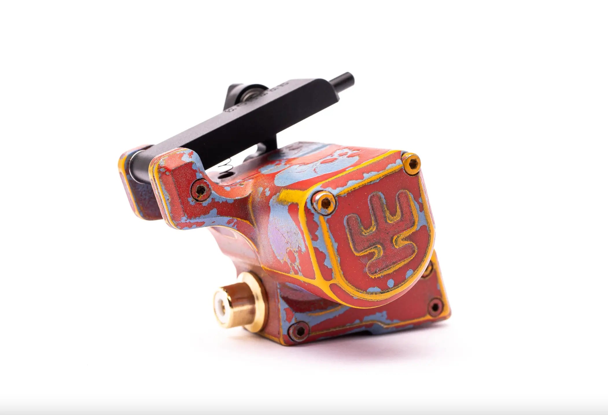 Red und goldene Tätowiermaschine mit emaillierter Spitze VLAD BLAD Avenger 2 Pro Skull Sienna Blue mit stilisiertem Hand-Logo