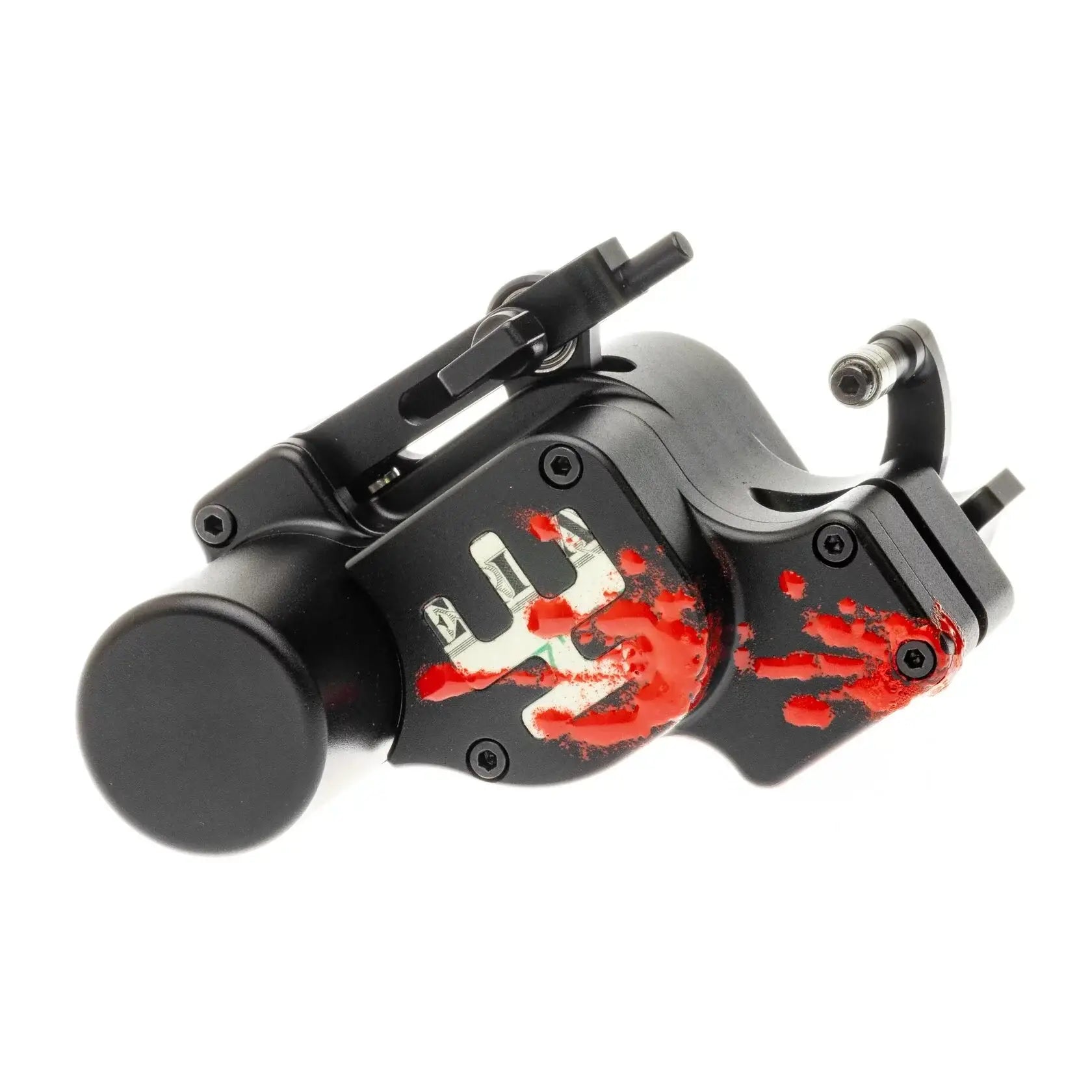 Schwarze VLAD BLAD Avenger 4 Pro Tätowiermaschine mit rot-weißem Blutgeld-Handabdruck-Design für präzisen Einsatz