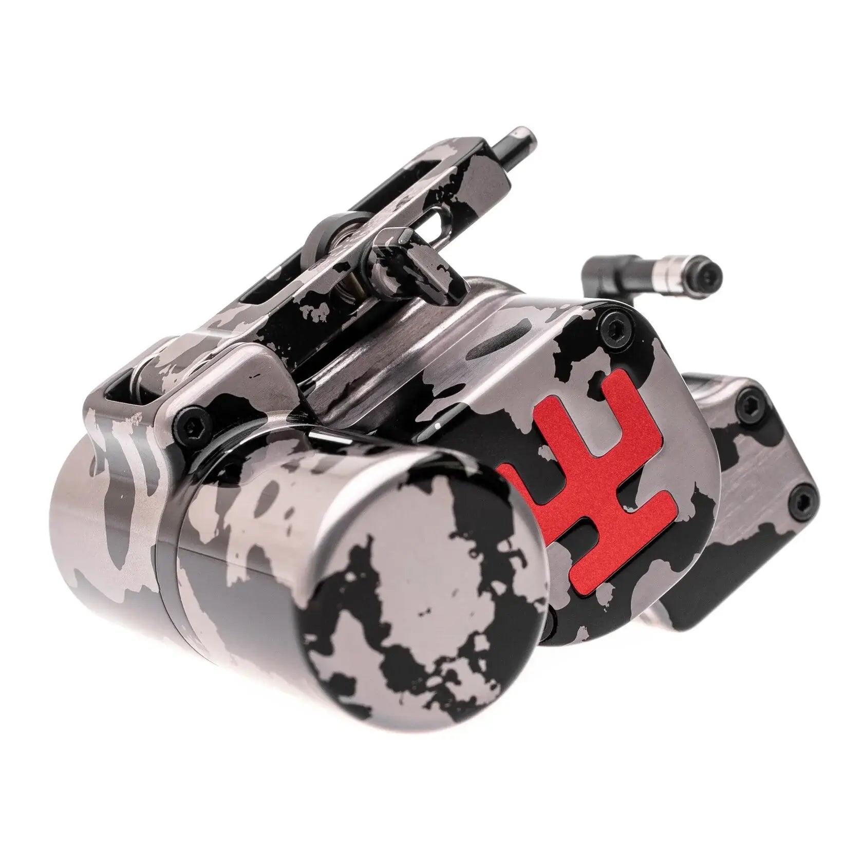 Schwarze und silberne Tarn-Tätowiermaschine mit markantem rotem Logo an der Seite aus der VLAD BLAD Avenger 4 Pro Series