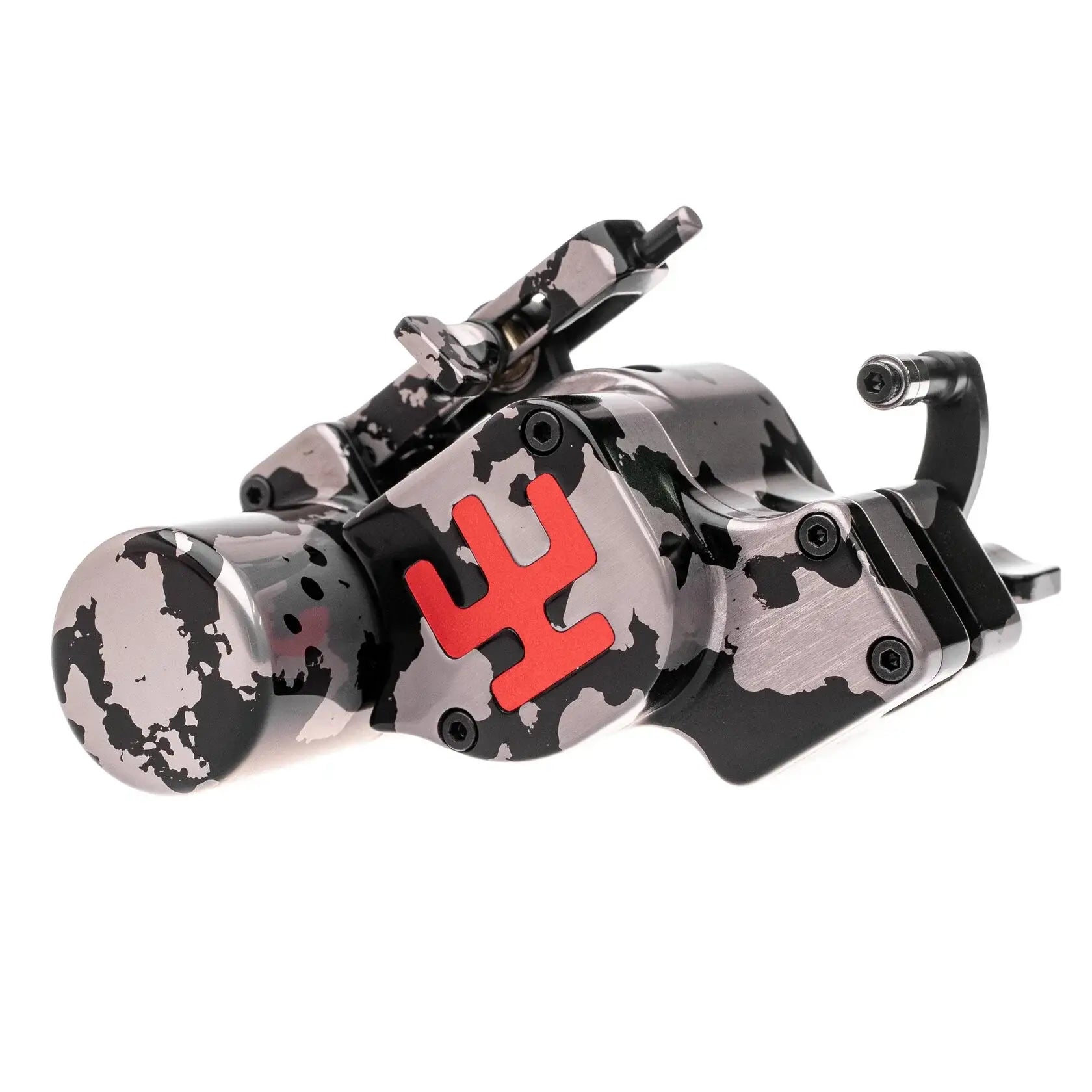 Schwarze und silberne Tätowiermaschine im Camouflage-Muster mit auffälligem rotem Logo vladi blad avenger 4 pro camo silver black akb