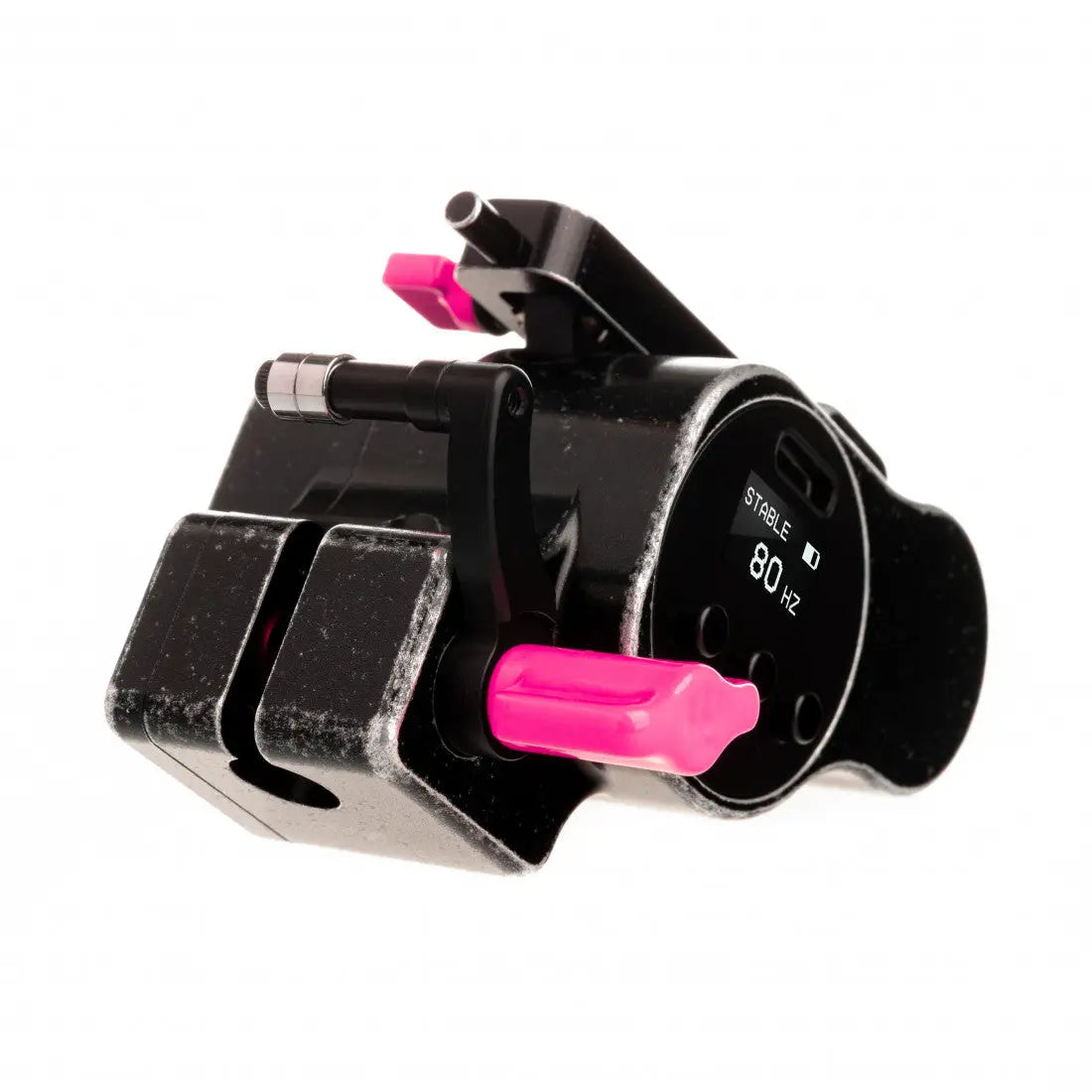 Schwarzer Kamera-Stabilisator VLAD BLAD Avenger 4 Pro Cyber Scars in Neonpink mit knallpinkfarbenen Knöpfen und digitalem Display, stabil 80 hz