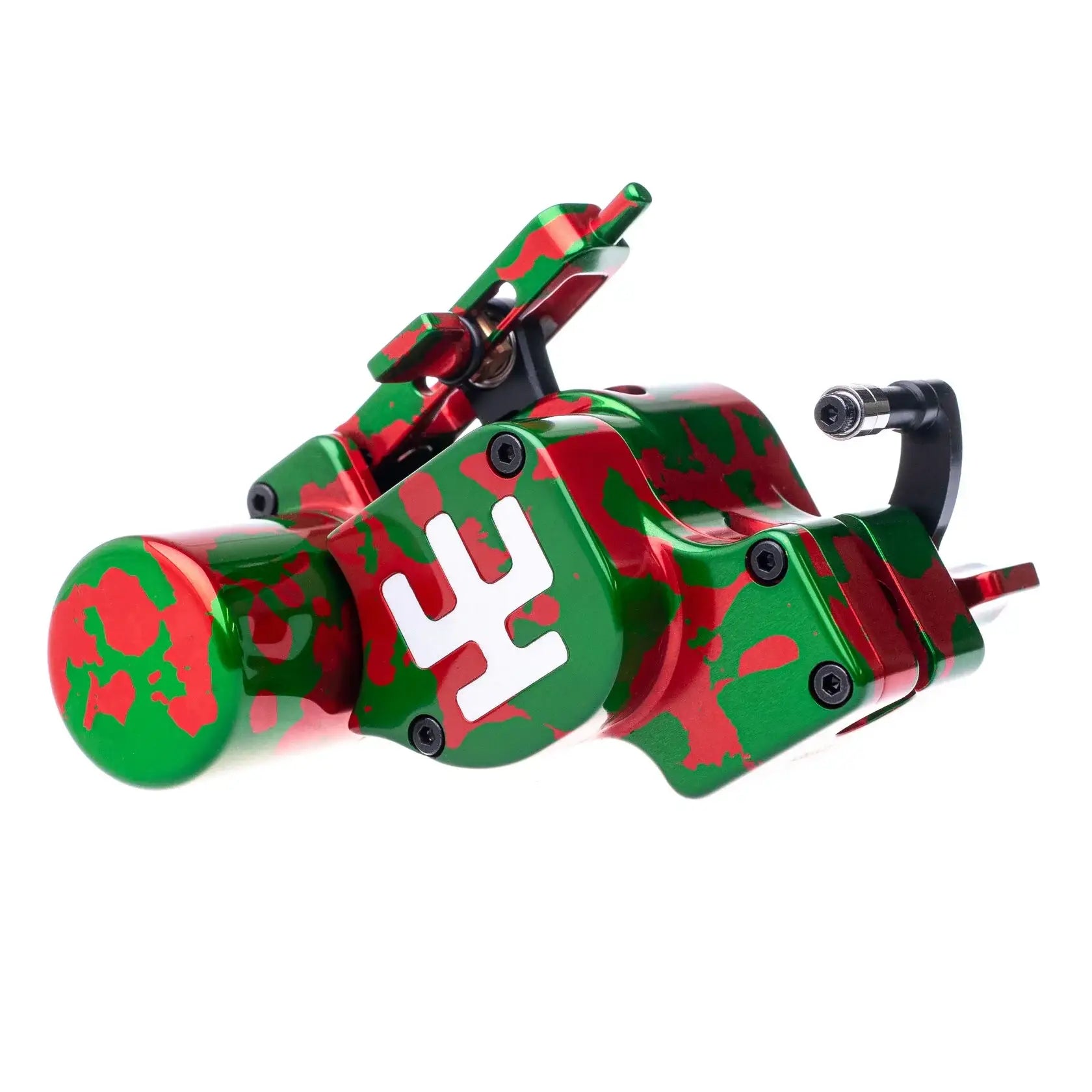 Eine lebendige rot-grüne Camouflage-Tätowiermaschine VLAD BLAD Avenger 4 Pro Hypnotoad AKB mit einem weißen Logo an der Seite