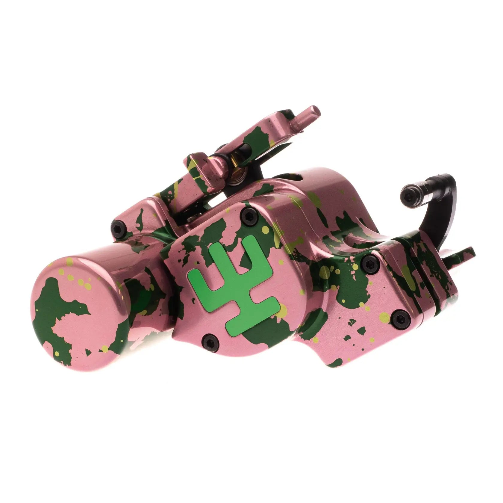 VLAD BLAD Avenger 4 Pro Morning Rose Tattoo-Maschine in Pink und Grün im Camouflage-Look mit limonengrünem Logo an der Seite