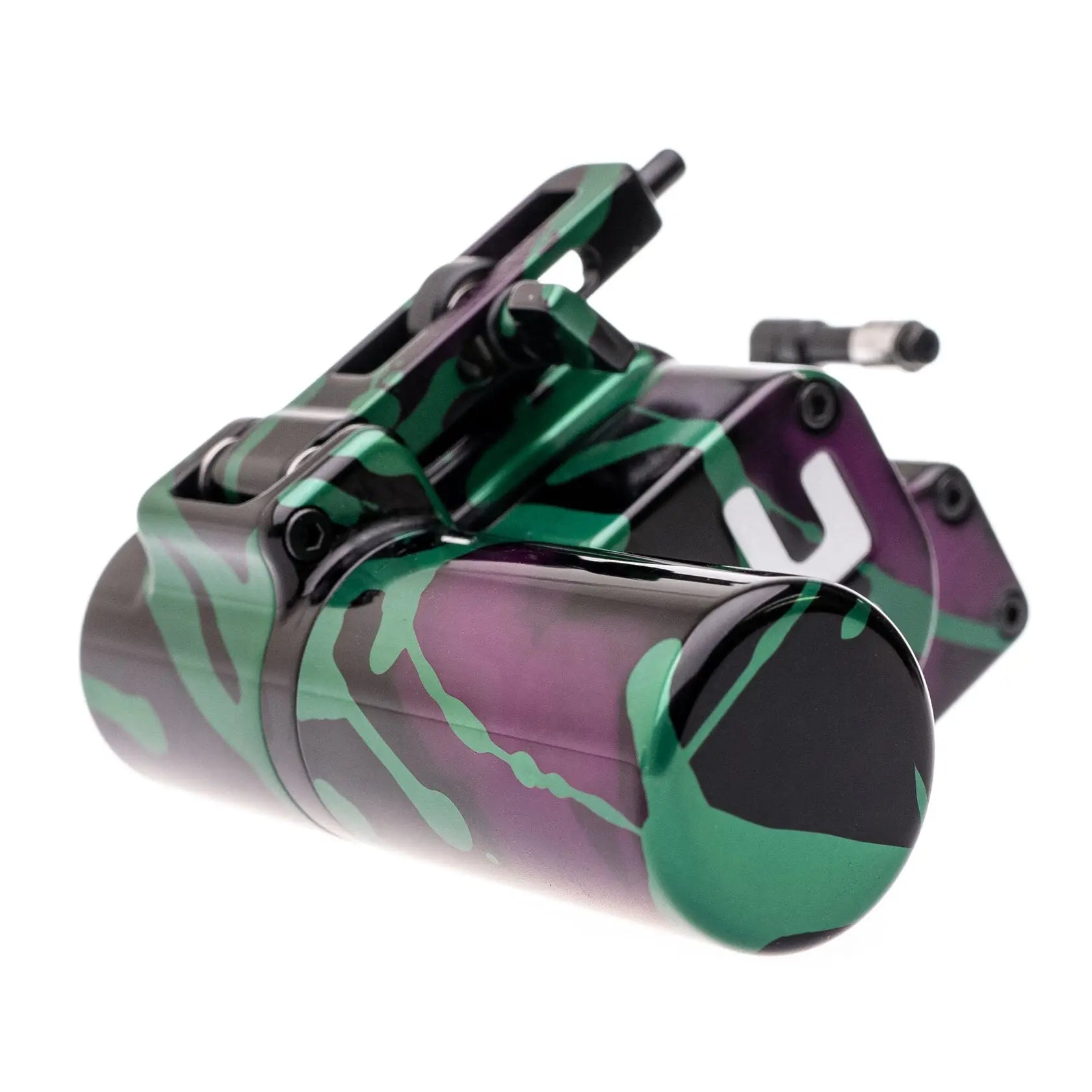 Eine elegante, moderne Tätowiermaschine VLAD BLAD Avenger 4 Pro Polar Night mit glänzendem grünem und violettem Camouflage-Finish