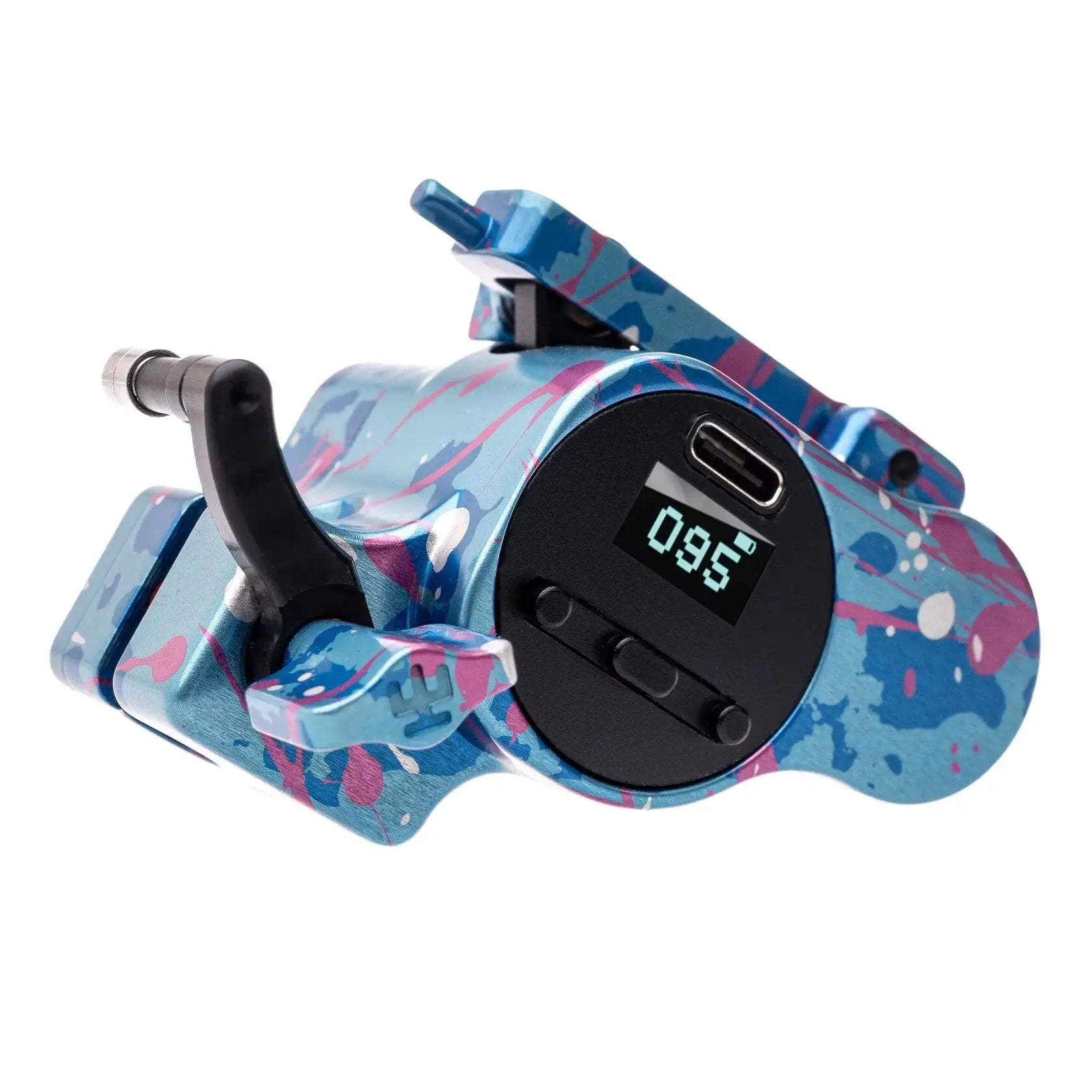 Vlads blad Avenger 4 Pro Sky Dream Tätowiermaschine mit blau-rosa Sprenkelmuster und Digitalanzeige mit 95 Sekunden