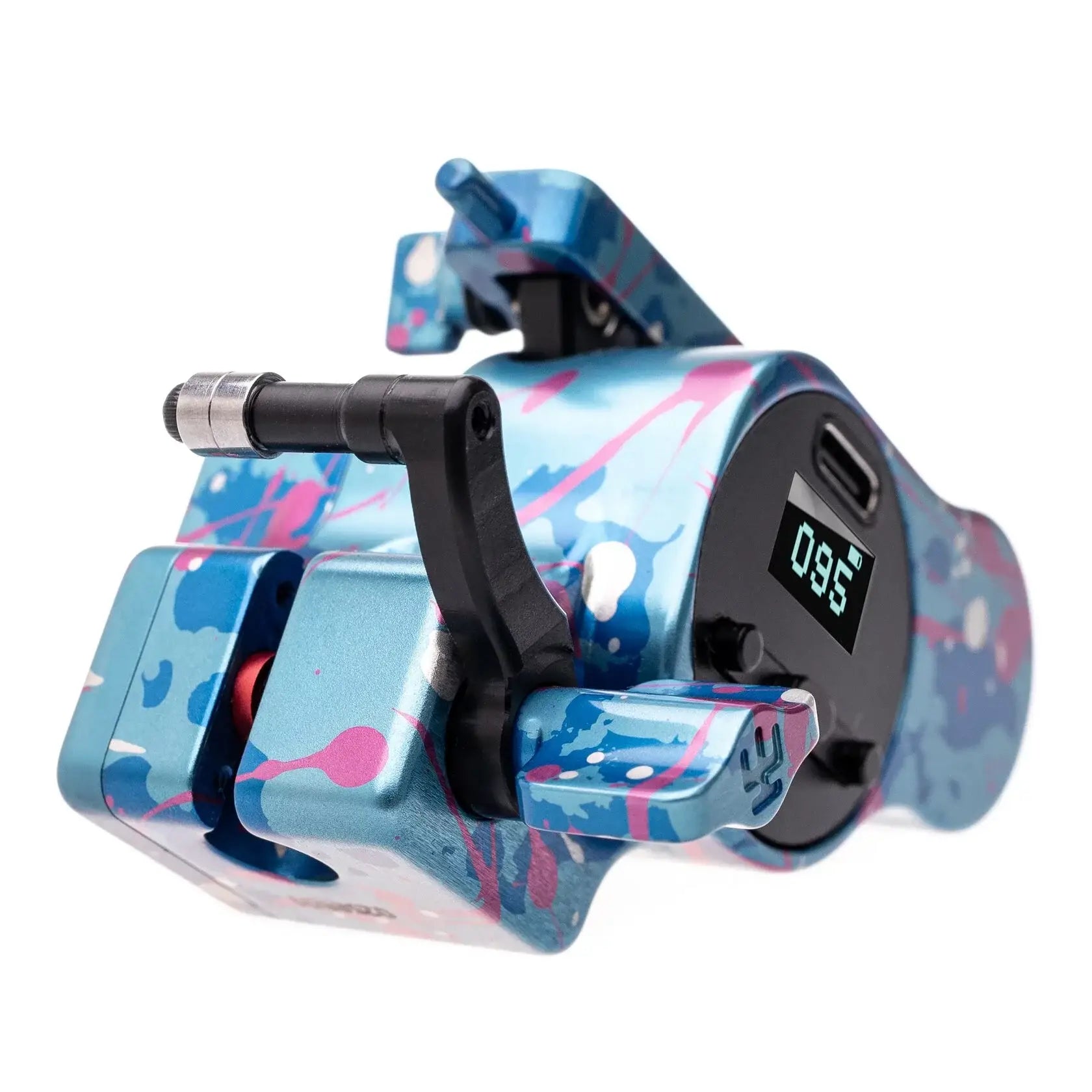 Blaue und rosa Tattoo-Maschine Vladi Blad Avenger 4 Pro mit Spritzmuster, digitalem Display und USB-Ladeanschluss