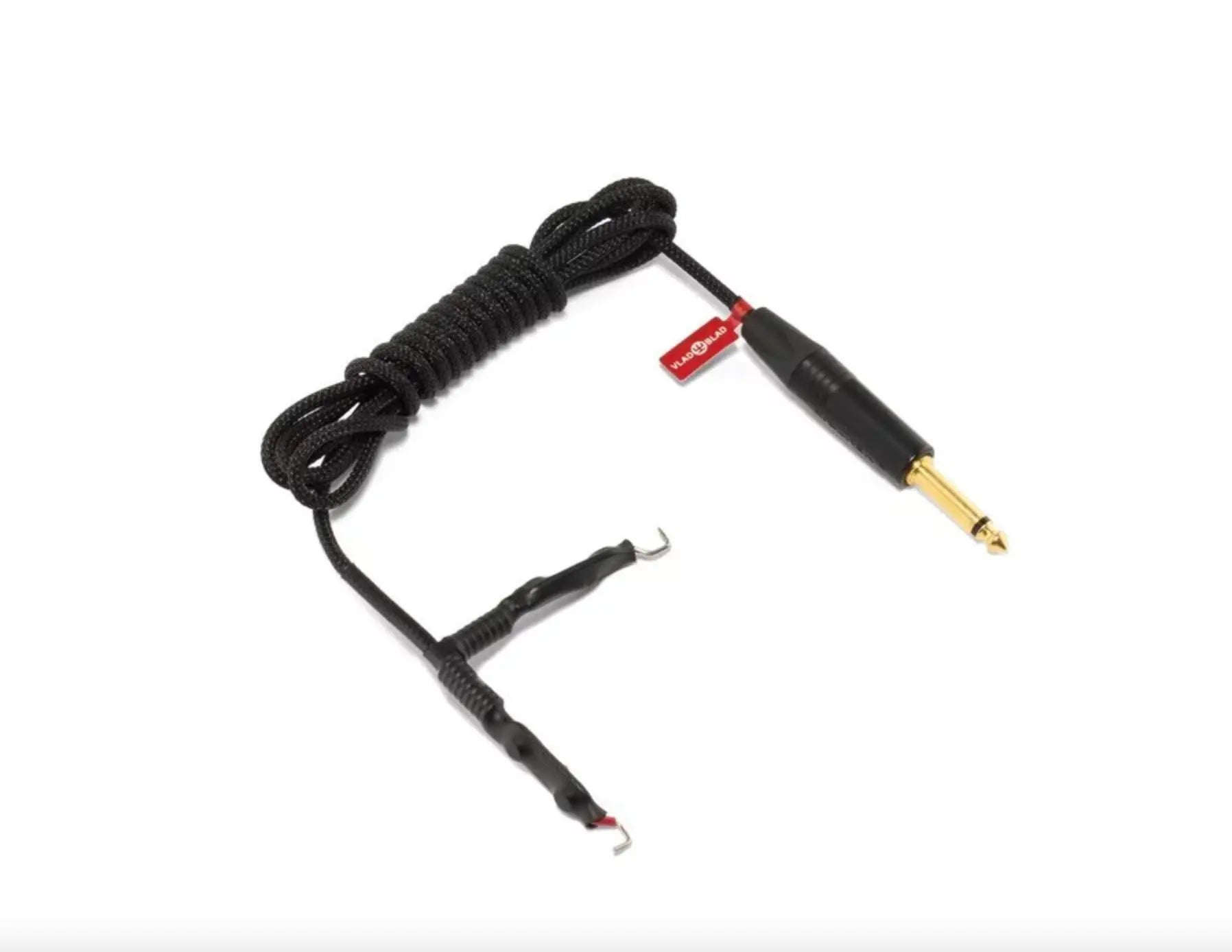 Black coiled clipcord ultralight armor cable with gold 6.35mm jack and red VLAD BLAD brand tag near connector