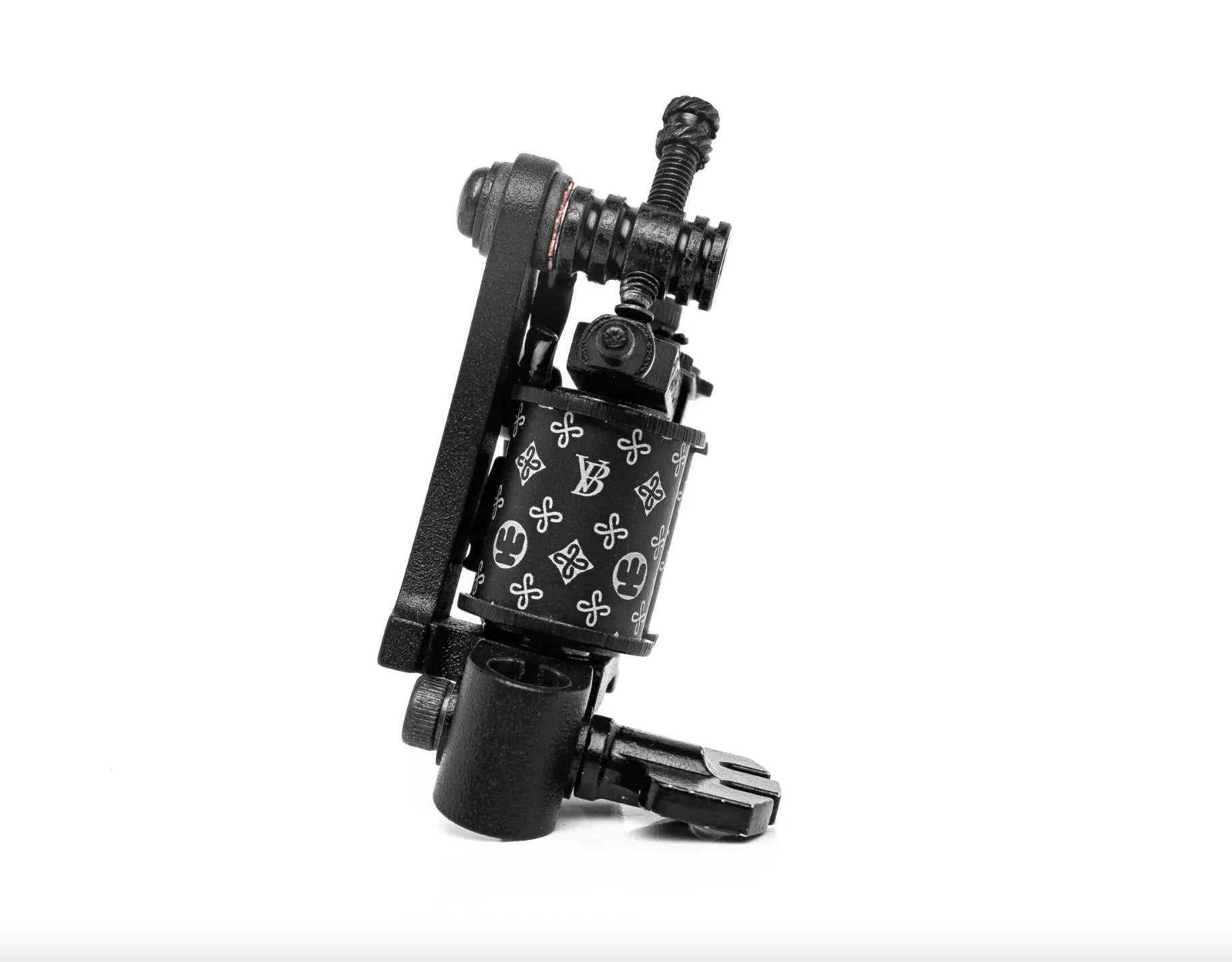 Schwarze VLAD BLAD Coil BDL1 feine Liner-Tattoo-Maschine mit schlankem Industrie-Design und weißen Kreuz-Smiley-Mustern