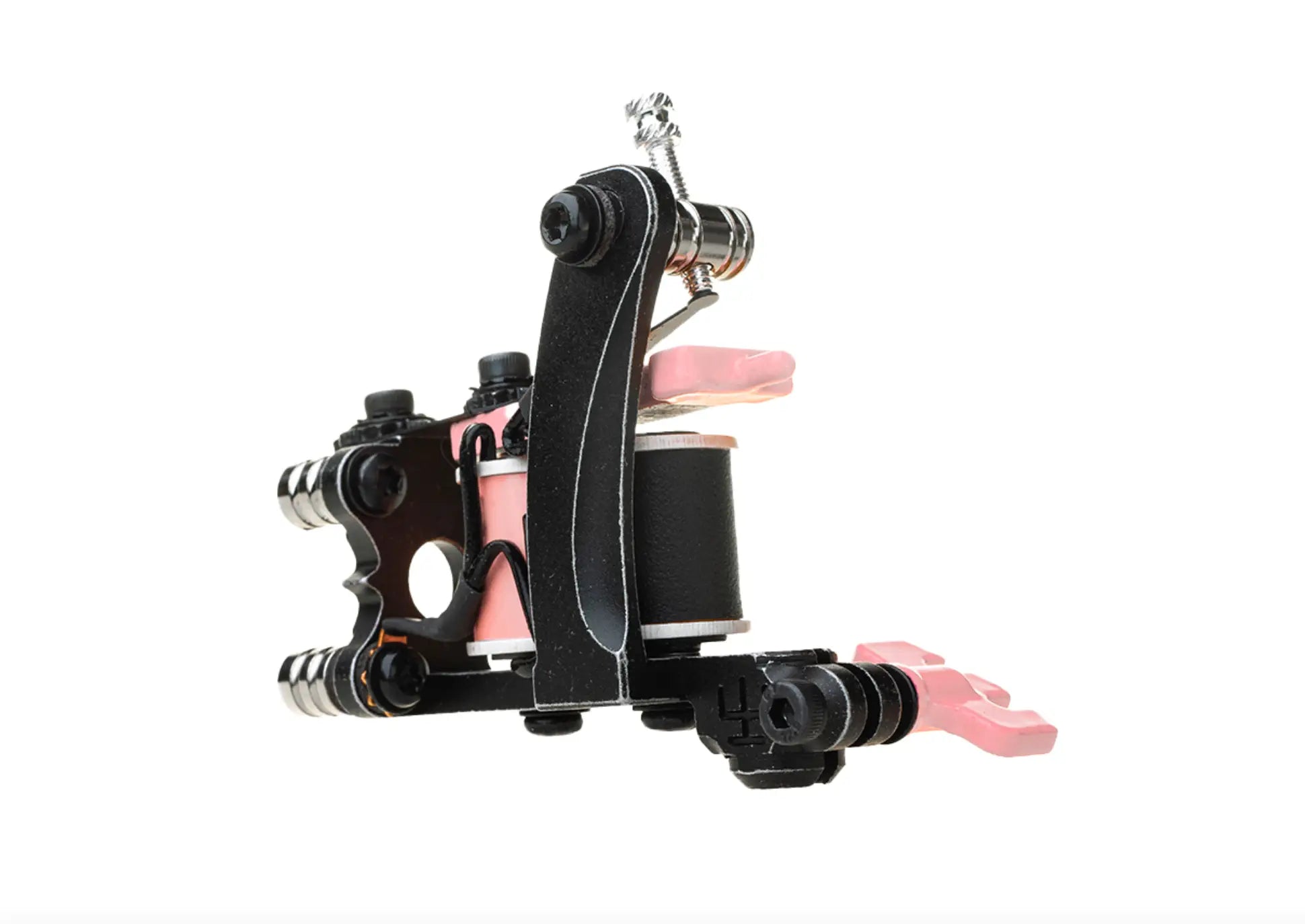 Schwarze und pinke VLAD BLAD Coil-Tätowiermaschine mit metallischen Akzenten, entwickelt für die Verwendung mit Blacker Packer Air