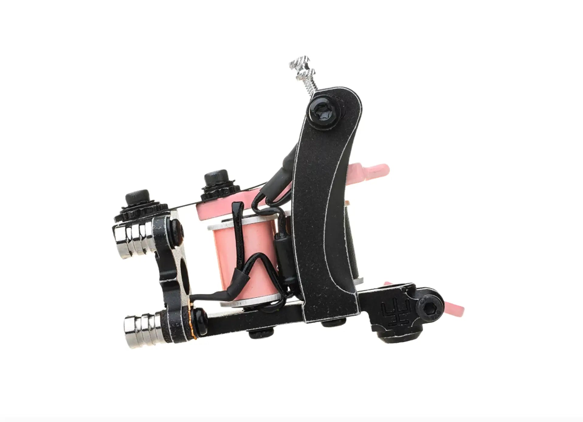 VLAD BLAD Coil Blacker Packer Air Tattoo-Maschine mit schwarzem Rahmen, pinken Spulen und silbernen metallischen Akzenten