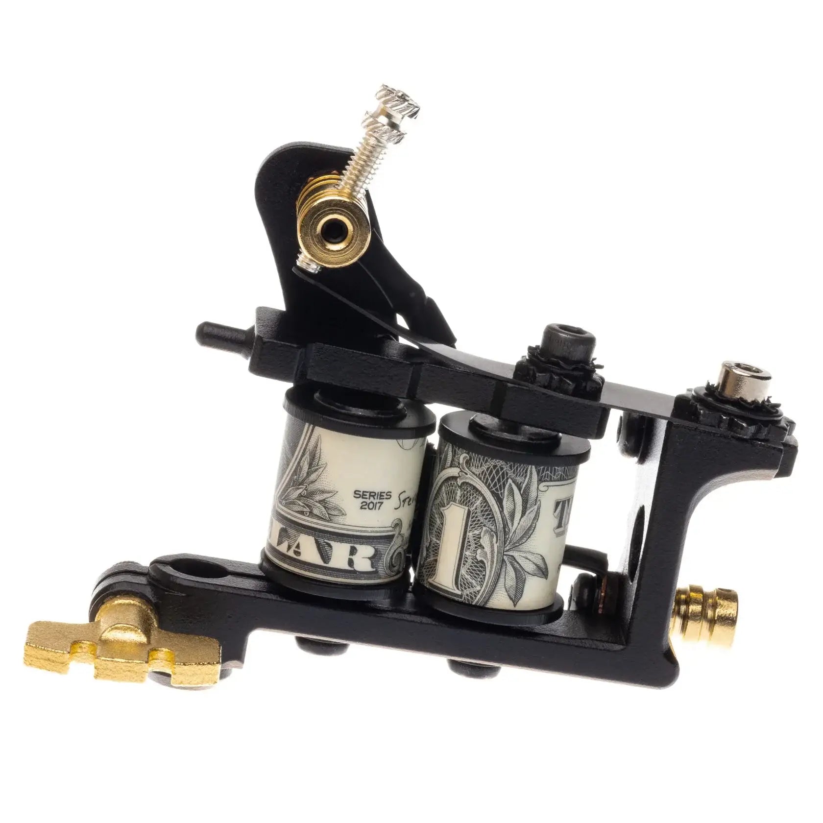 VLAD BLAD schwarze und goldene Coil-Tätowiermaschine mit von Dollarnoten umwickelten Spulen im Packer-Air-Blood-Money-Design