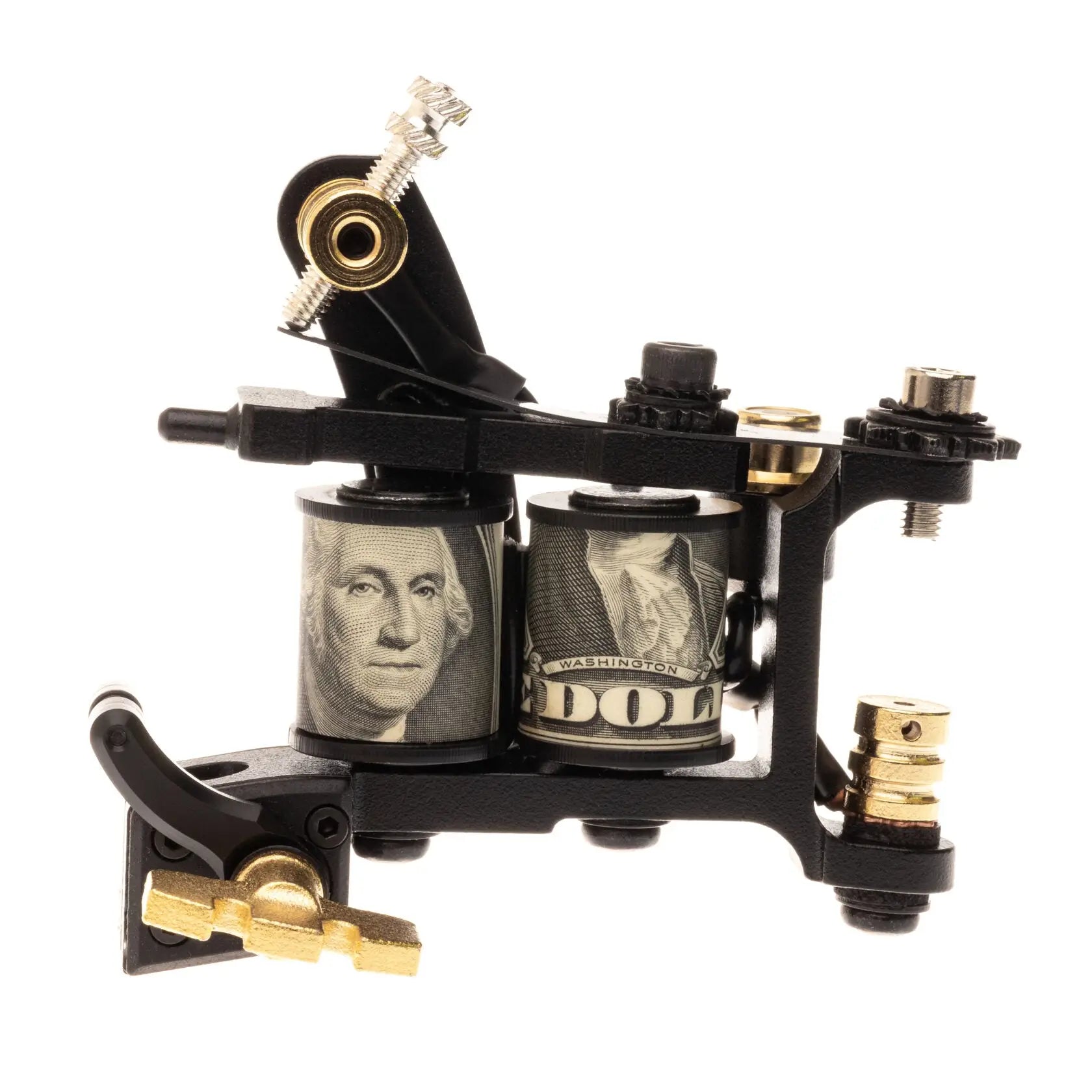 Schwarze Tätowiermaschine VLAD BLAD Coil Blacker Packer Pro mit goldenen Akzenten und Dollarschein-Spulen mit George Washington