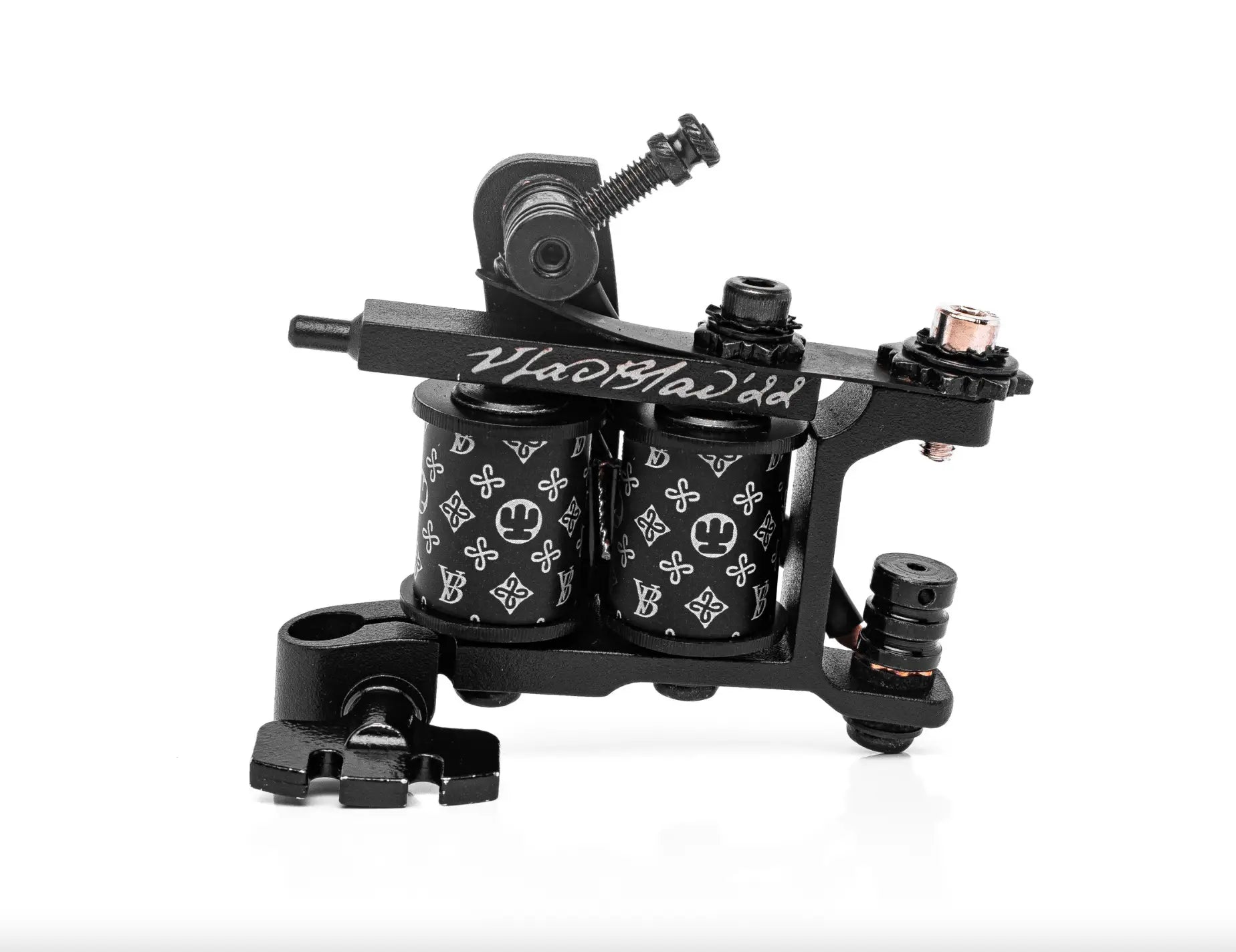 Schwarze VLAD BLAD Coil BRS1+RCA Power Liner Tattoo-Maschine mit industriellem Design und Coil-Mustern mit Smiley-Gesicht
