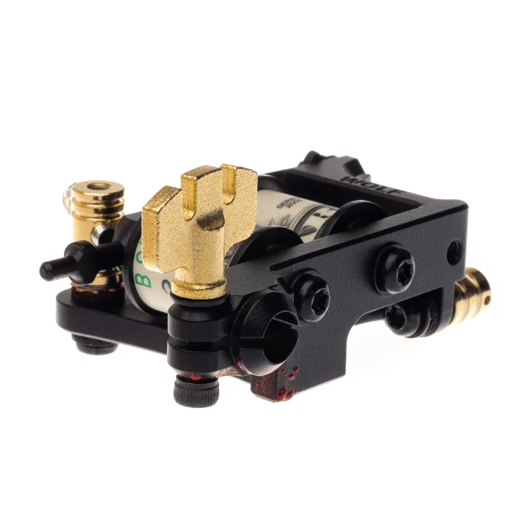 Schwarze und goldene Coil-Tätowiermaschine mit zylindrischer cartridge für Farben für feine Linien von vlad blad blood money
