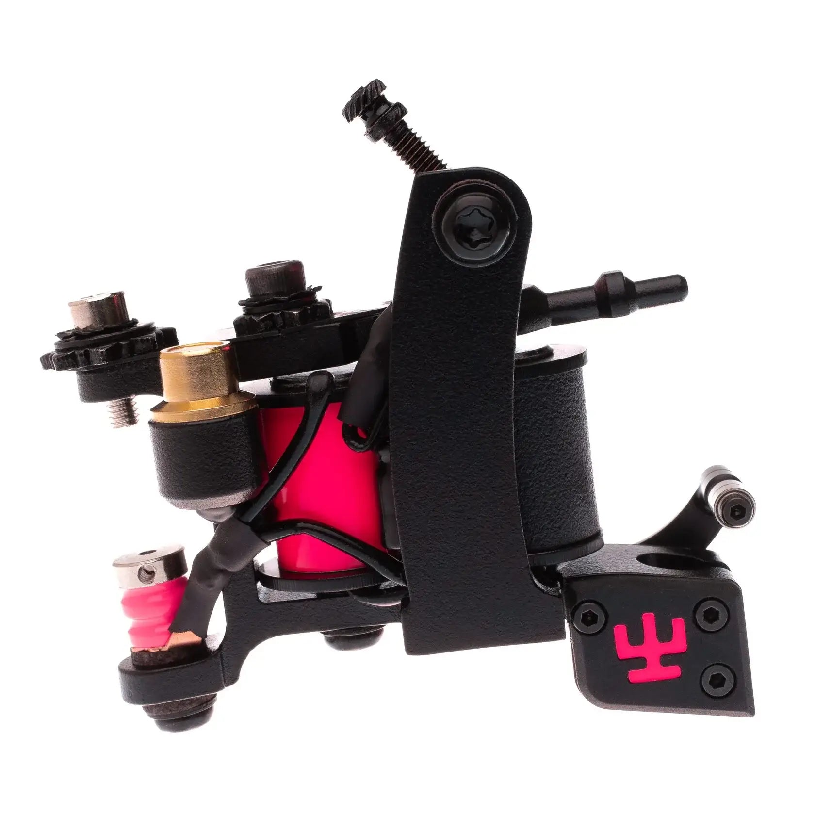 Schwarze VLAD BLAD Coil Fine-Liner Pro Tattoo-Maschine mit leuchtend pinken Akzenten und Logo am Sockel