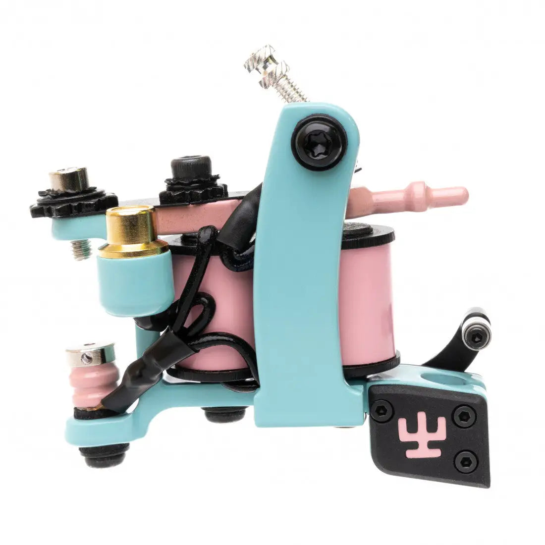 VLAD BLAD Coil-Fineliner-Pro-Tätowiermaschine in Pastellblau und Pink mit schwarzen Akzenten und Logo auf dem Fußpedal