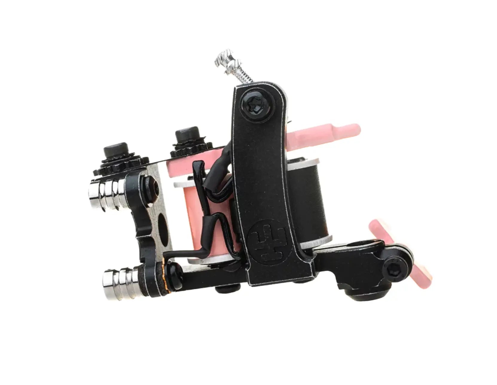 VLAD BLAD Coil Infinite Liner Air Tätowiermaschine in Schwarz und Silber mit rosa Spulenakzenten für präzises Lining