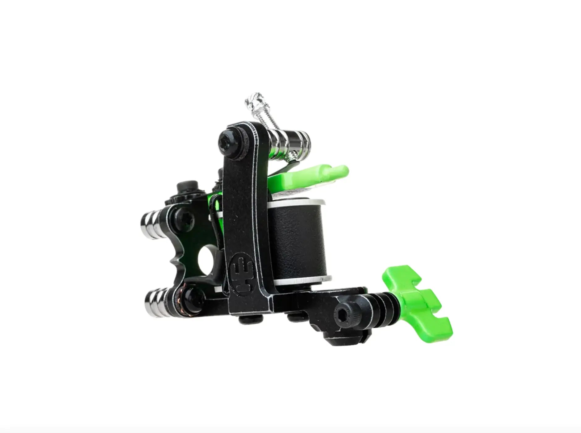 Vladi blad Coil-Infinite-Liner-Air-Tattoo-Maschine mit schwarzem Rahmen, leuchtend grünen Kunststoffteilen und silbernem Metall-Nadelgehäuse