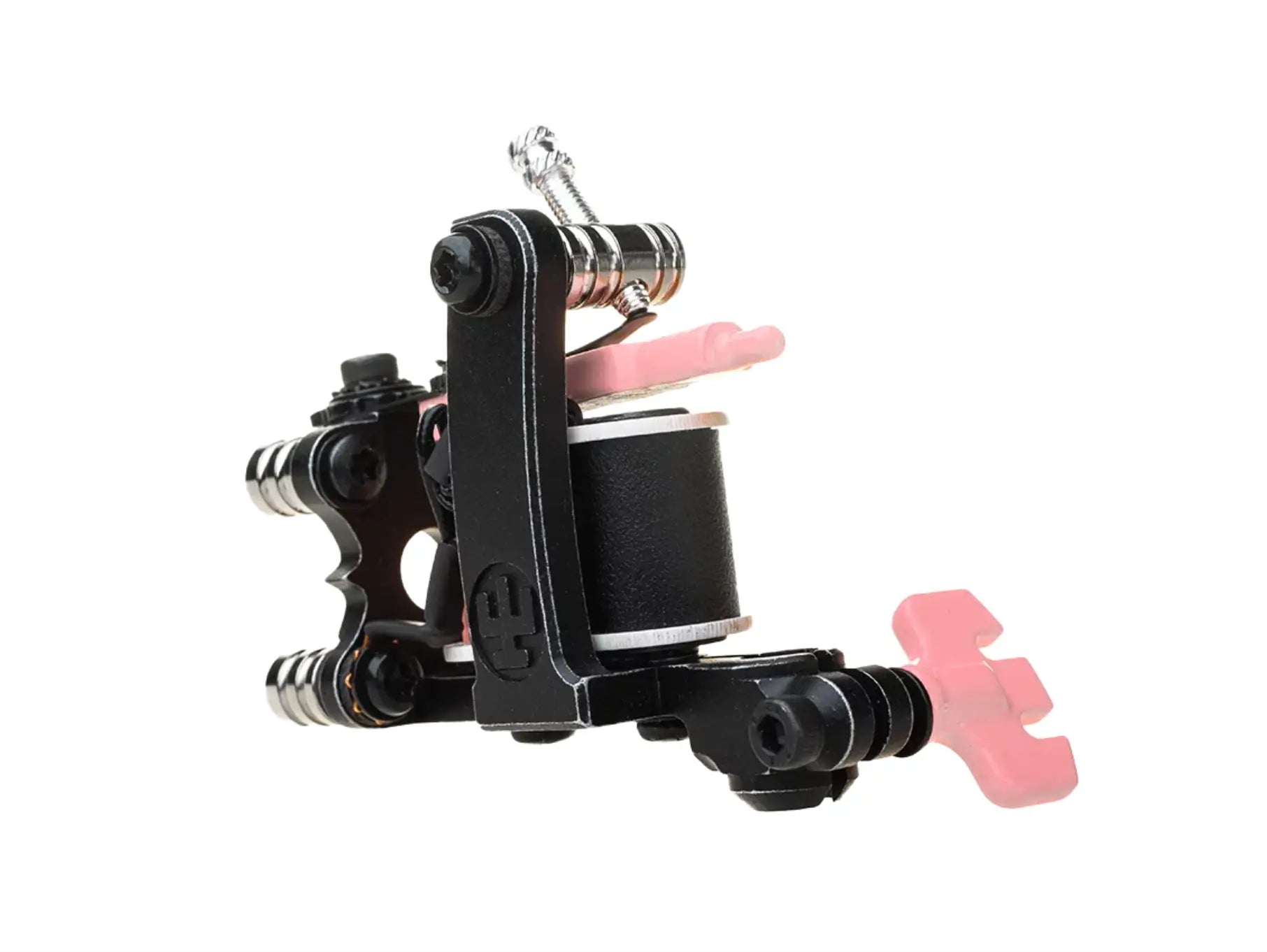 Schwarze VLAD BLAD Coil Infinite Liner Air Tattoo-Maschine mit pinken Kunststoffgriffen und metallischen Akzenten