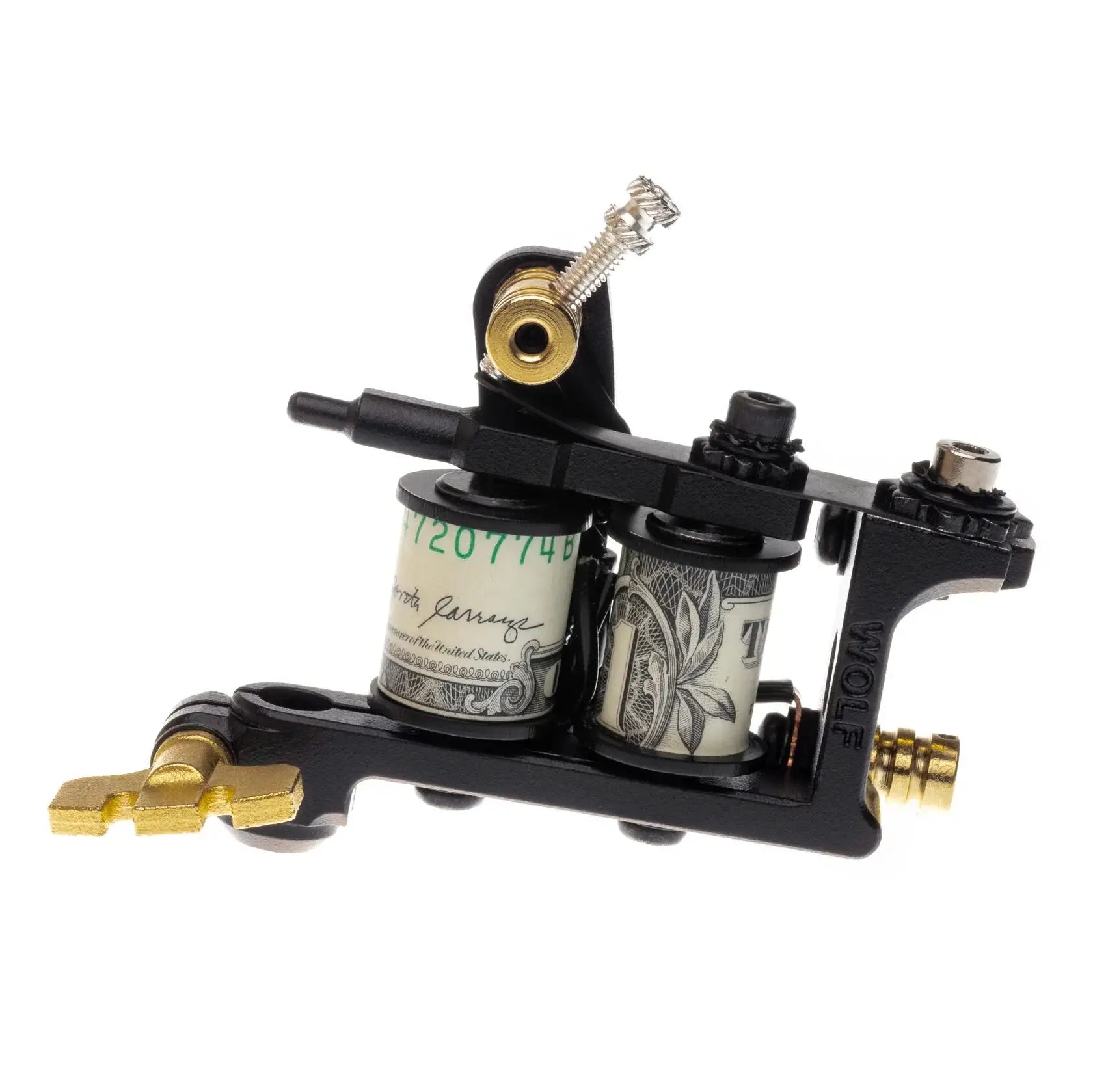 alt
Schwarze und goldene Coil-Tätowiermaschine mit Dollarscheinen, die sich um doppelte Spulen wickeln, Vladi Blad Infinite Liner Air Blood Money