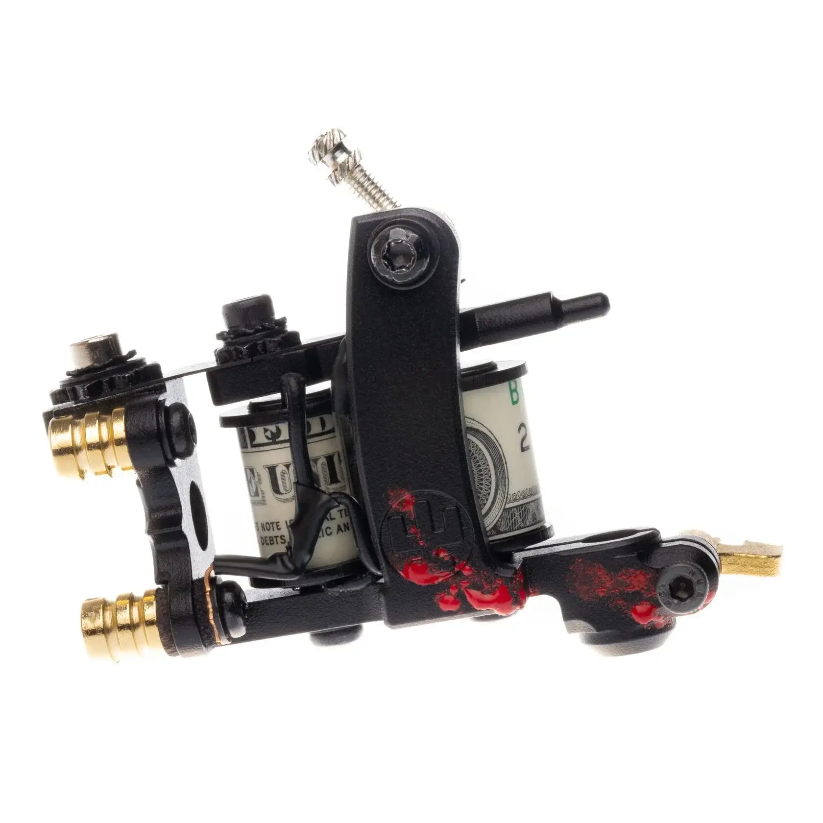 Schwarze Tätowiermaschine VLAD BLAD Coil Infinite Liner Air mit goldenen Akzenten und roter Spritzlackierung, mit Dollar-Schein-Coil