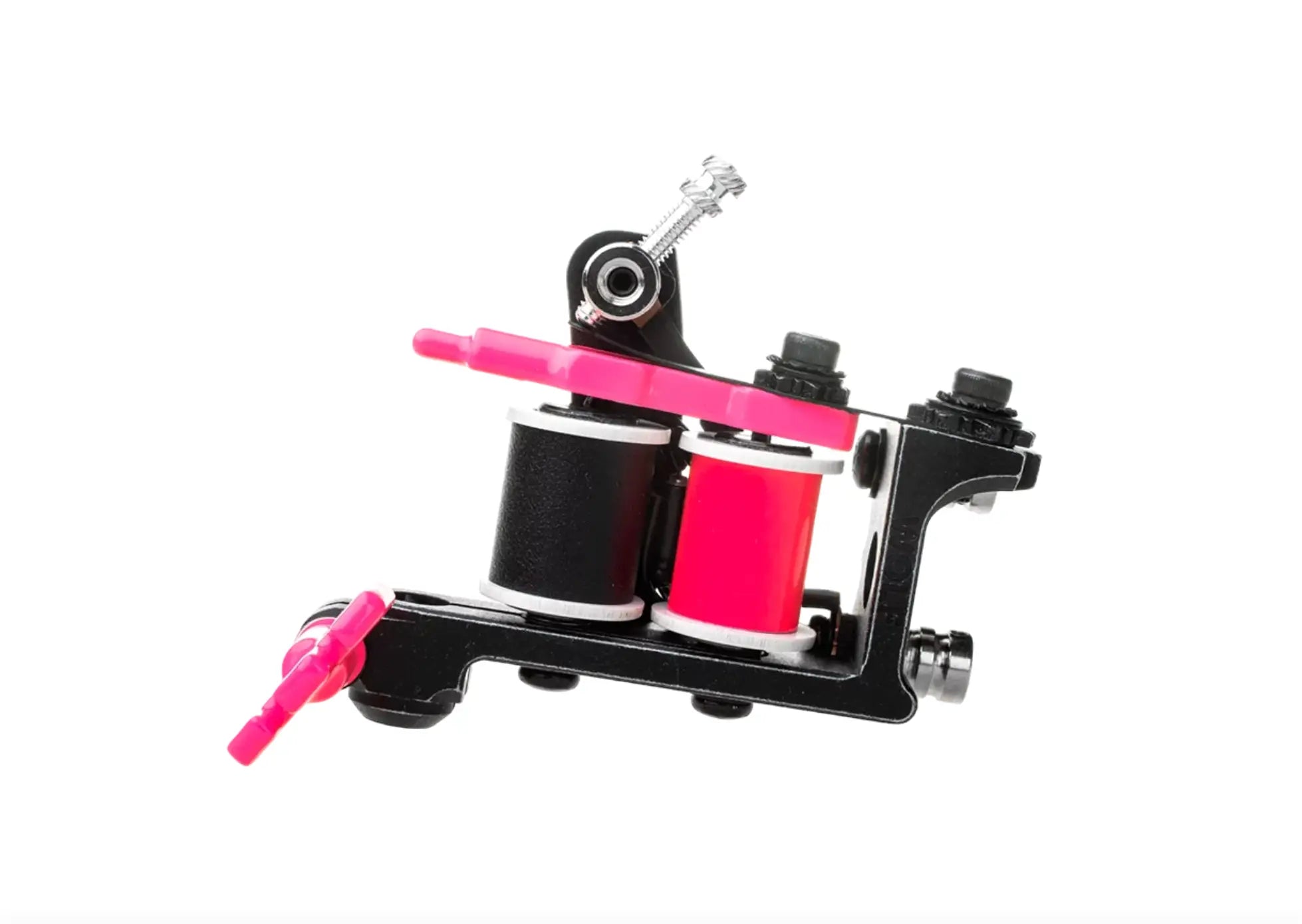 Blacke VLAD BLAD-Spulen-Tätowiermaschine mit leuchtend pinken Akzenten und zwei schwarzen und roten Spulen für den Infinite Liner Air-Einsatz