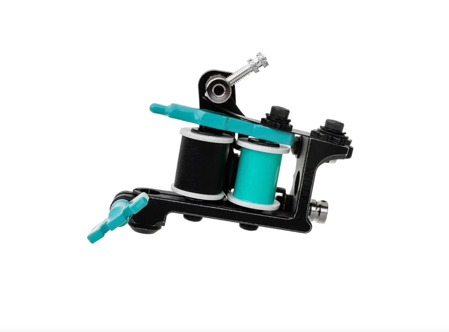 Schwarze und petrolfarbene VLAD BLAD Coil-Tätowiermaschine mit zwei Spulen in Schwarz und Petrol, ausgelegt für den Einsatz mit Infinite Liner Air
