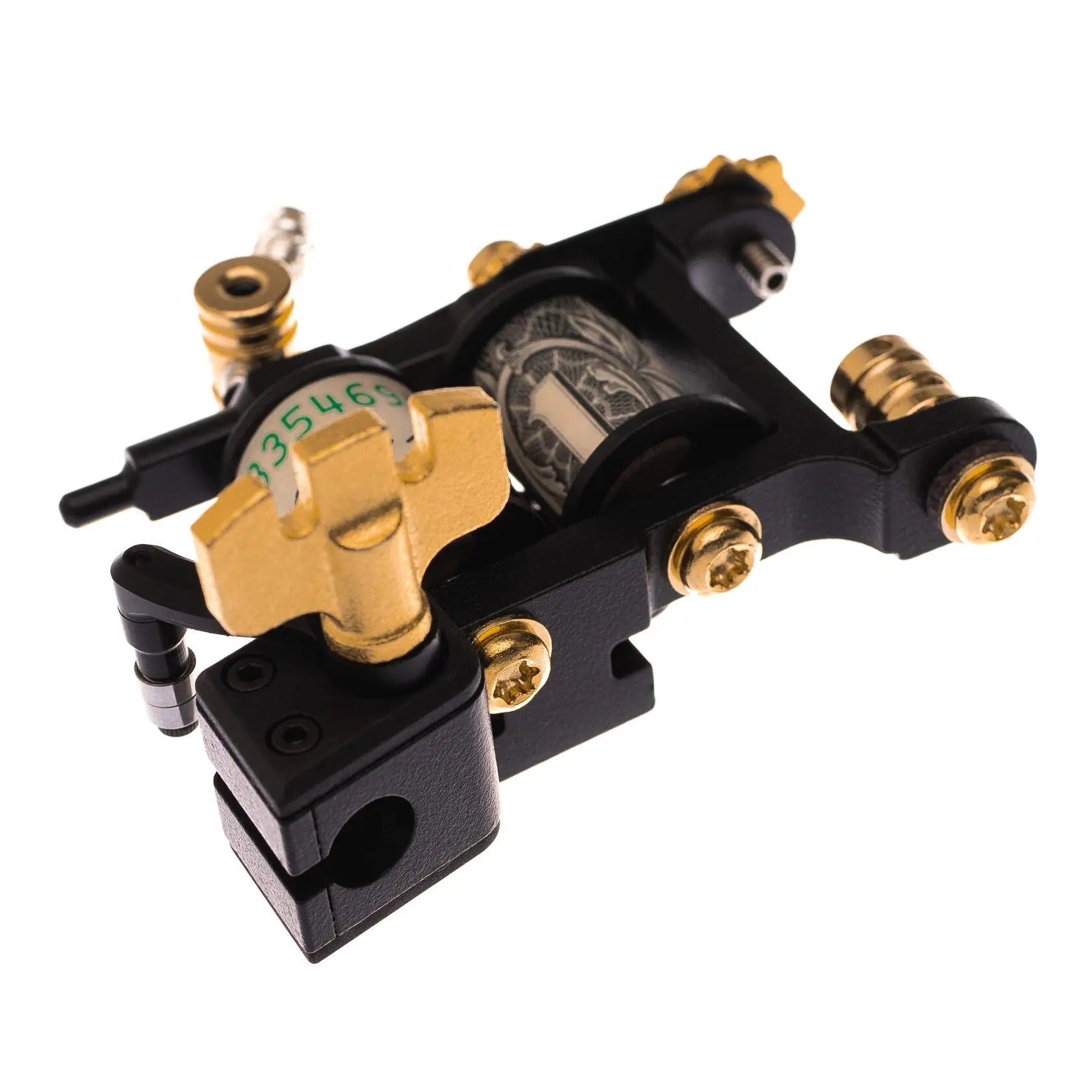 Schwarze und goldene Spulen-Tätowiermaschine VLAD BLAD Infinite Liner Pro Money Maker Blk mit detaillierter Trommelgravur