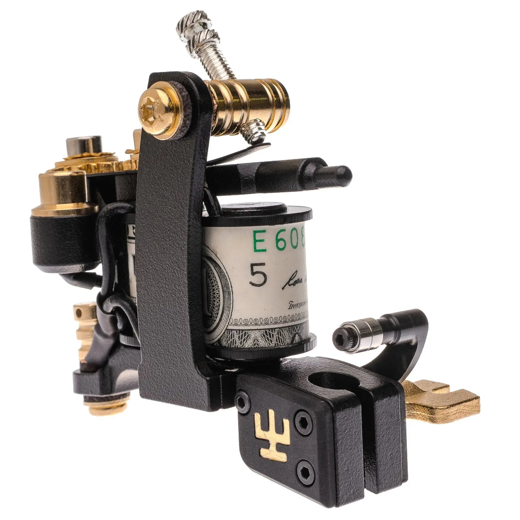 Schwarze und goldene Tätowiermaschine mit zylindrischem e60-Farbenbehälter im Dollar-Design, vlad blad coil infinite liner pro money maker blk
