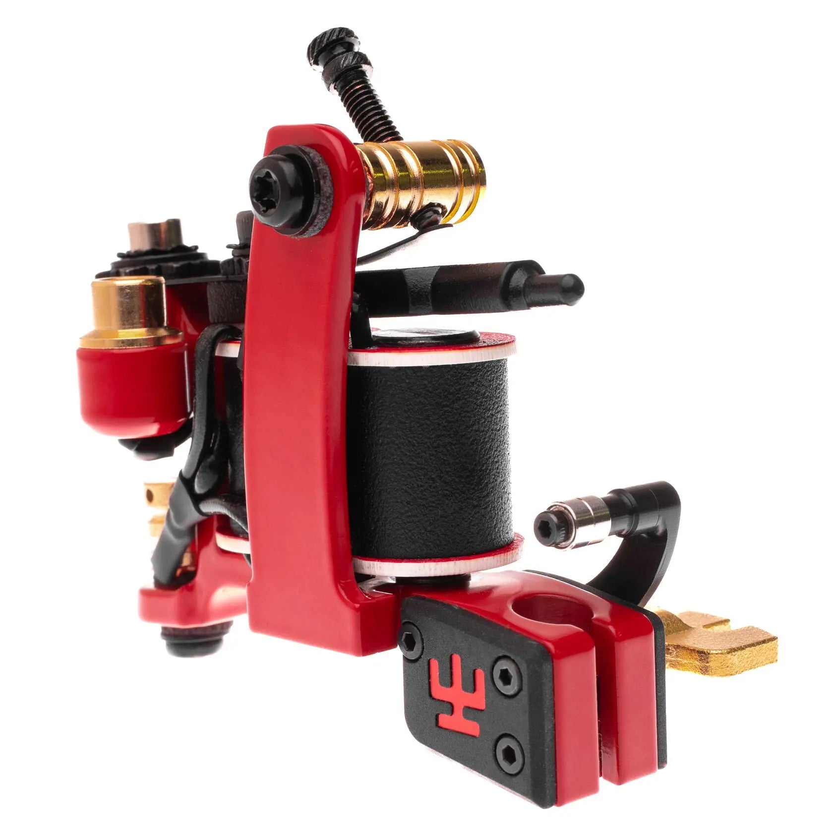 Rote und schwarze VLAD BLAD Coil-Tätowiermaschine mit goldenen Akzenten, entwickelt für den präzisen Einsatz als Infinite Liner Pro
