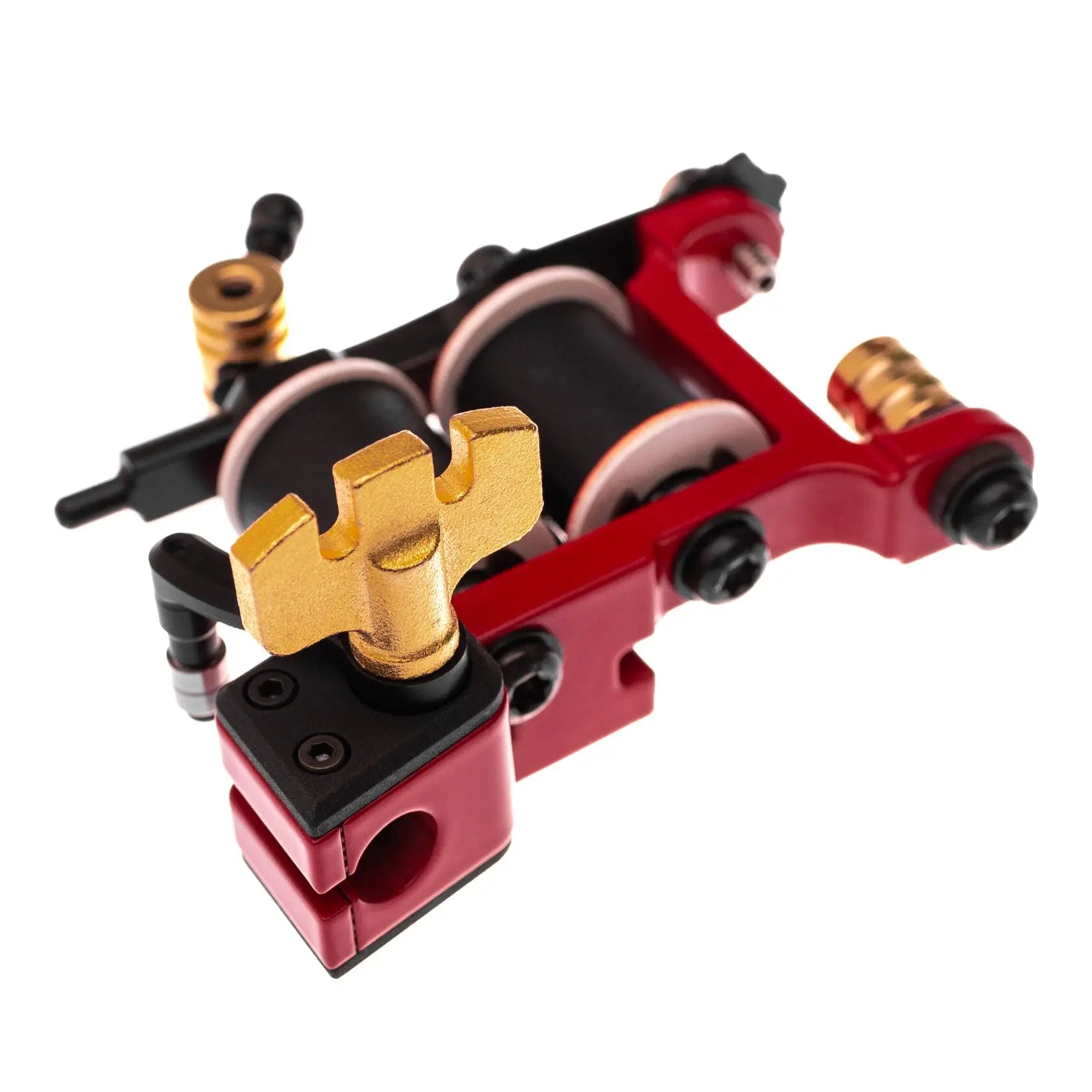 Rote und schwarze VLAD BLAD Coil-Tätowiermaschine mit goldenen Akzenten und Infinite Liner Pro Vamp-Design