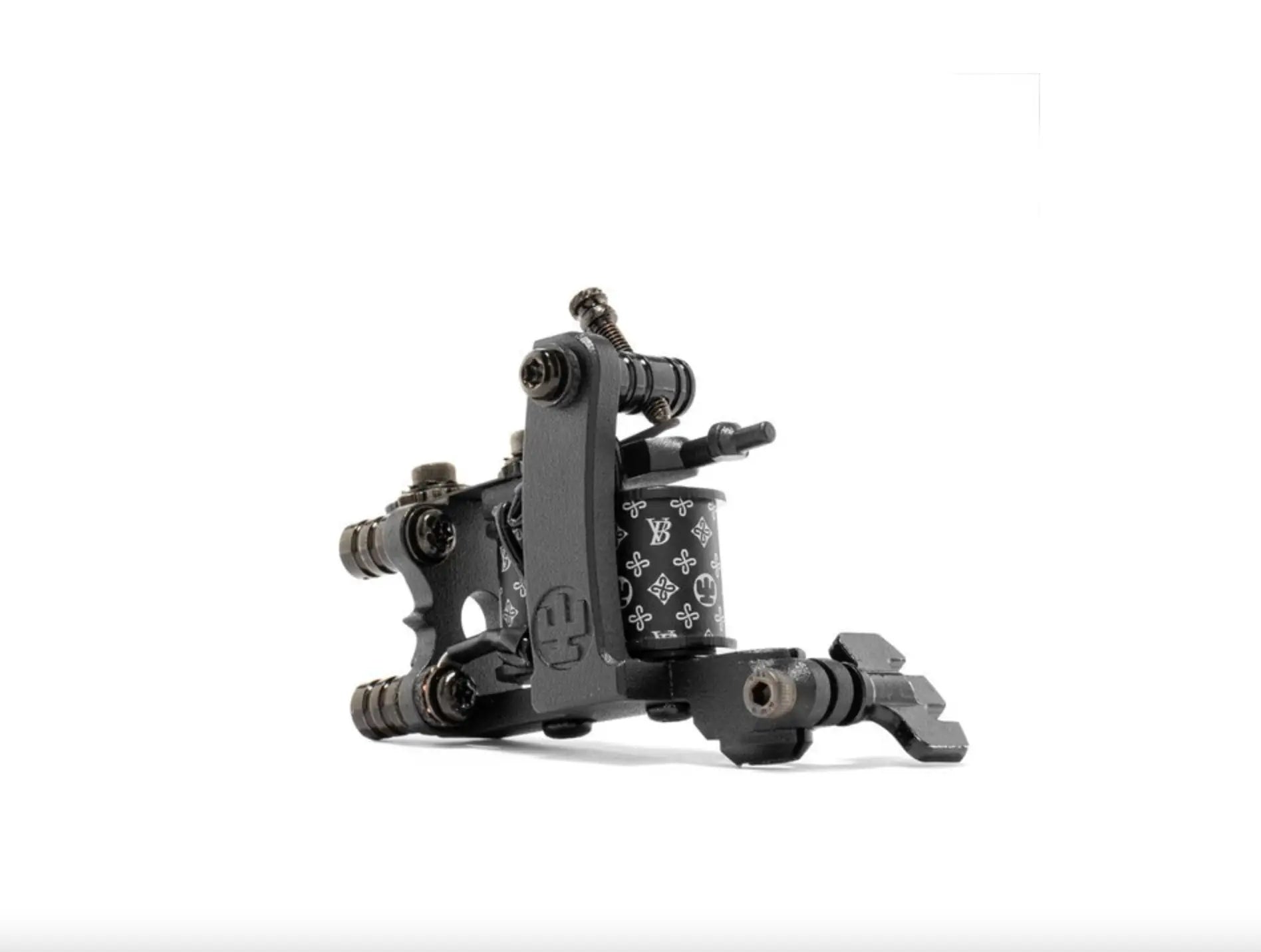 Schwarze VLAD BLAD Coil-Tätowiermaschine LBDL4, feiner Liner mit elegantem Metallic-Finish und weißen Monogrammmustern