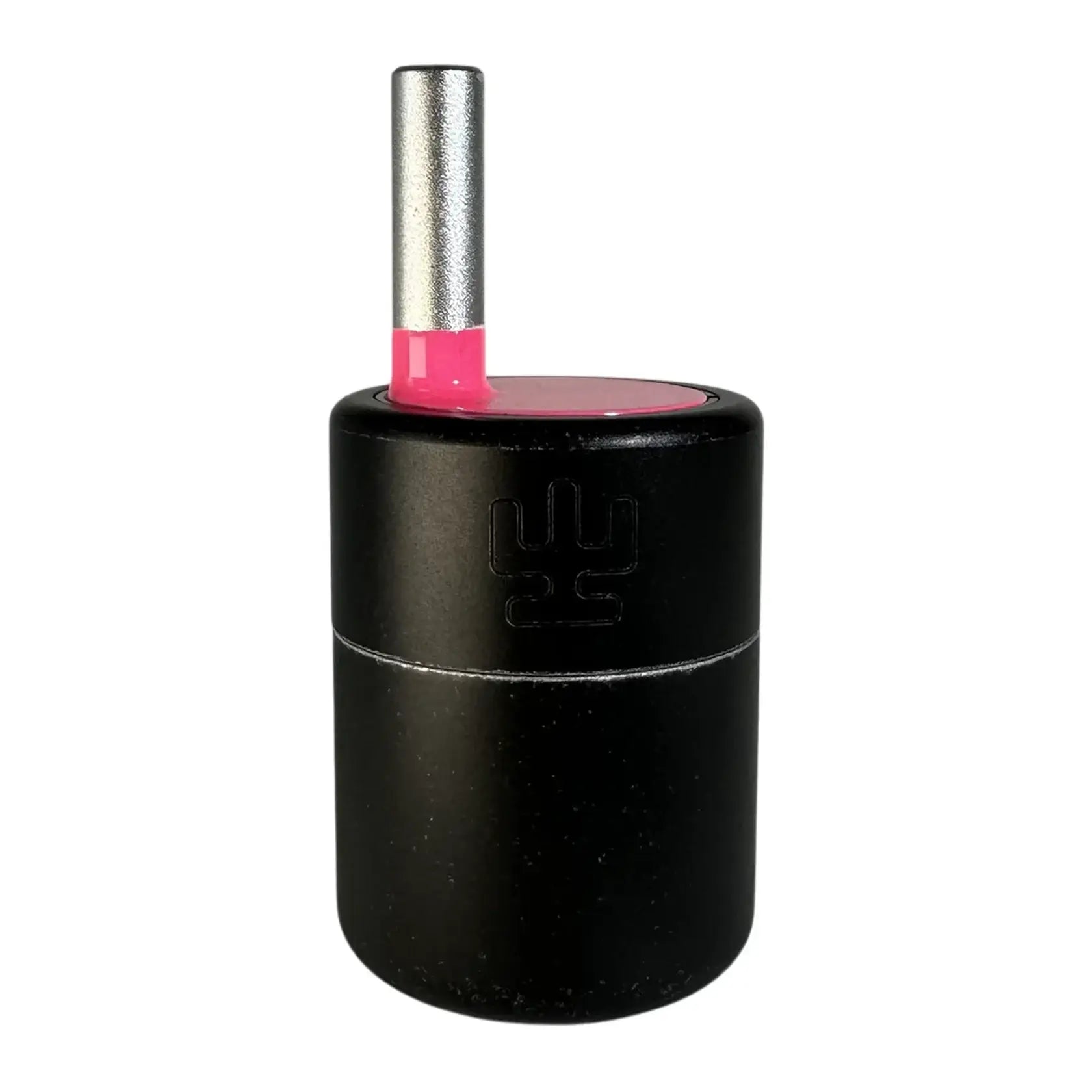 Black cylindrical pencil sharpener with silver metallic top and pink insert for vlad blad magic balance grip