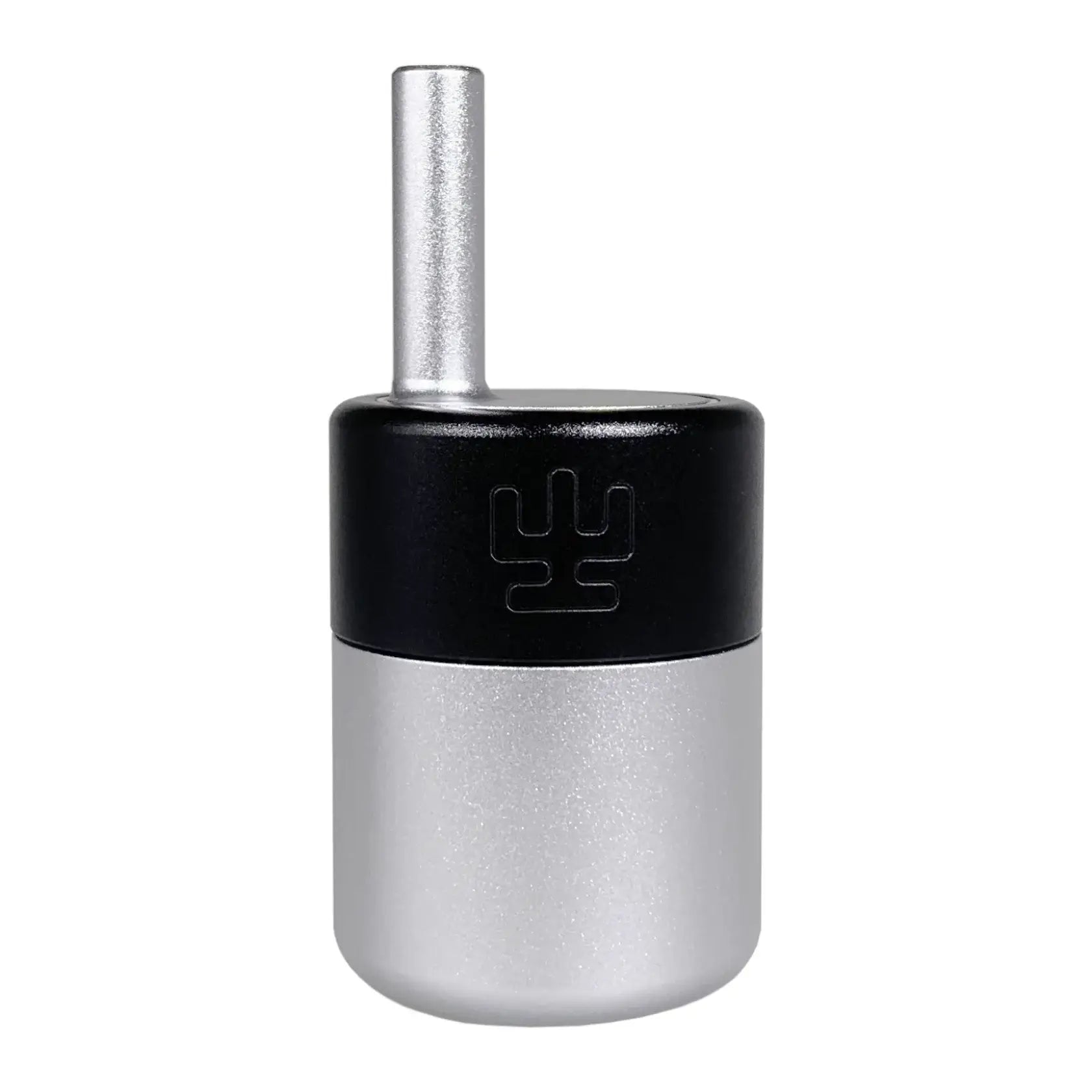 Silver and black cylindrical pencil sharpener with textured grip and embossed logo from vlad blad magic balance grip