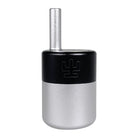 Silver and black cylindrical pencil sharpener with textured grip and embossed logo from vlad blad magic balance grip