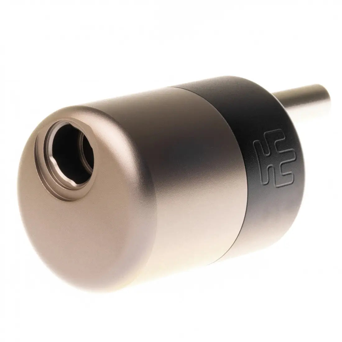 A sleek matte metallic cylindrical adapter with a black accent band engraved with the Vlad Blad magic balance grip logo