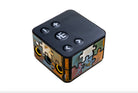 Black cube-shaped audio interface VLAD BLAD PowerBox 5 Pro by Sergey Shpigel with colorful puzzle-piece design and yellow-rimmed ports