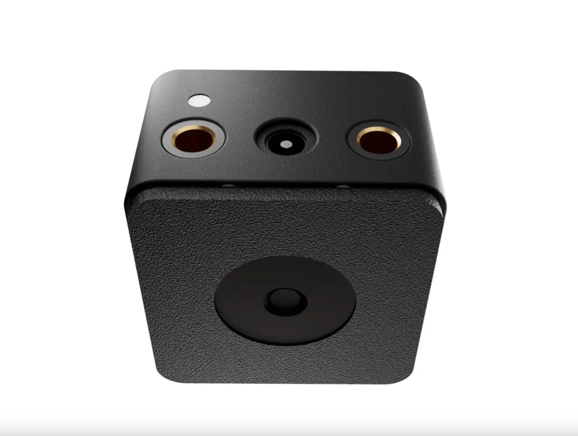 Vlad blad powerbox 5 pro black cube-shaped audio interface with three gold-plated input jacks and central microphone port
